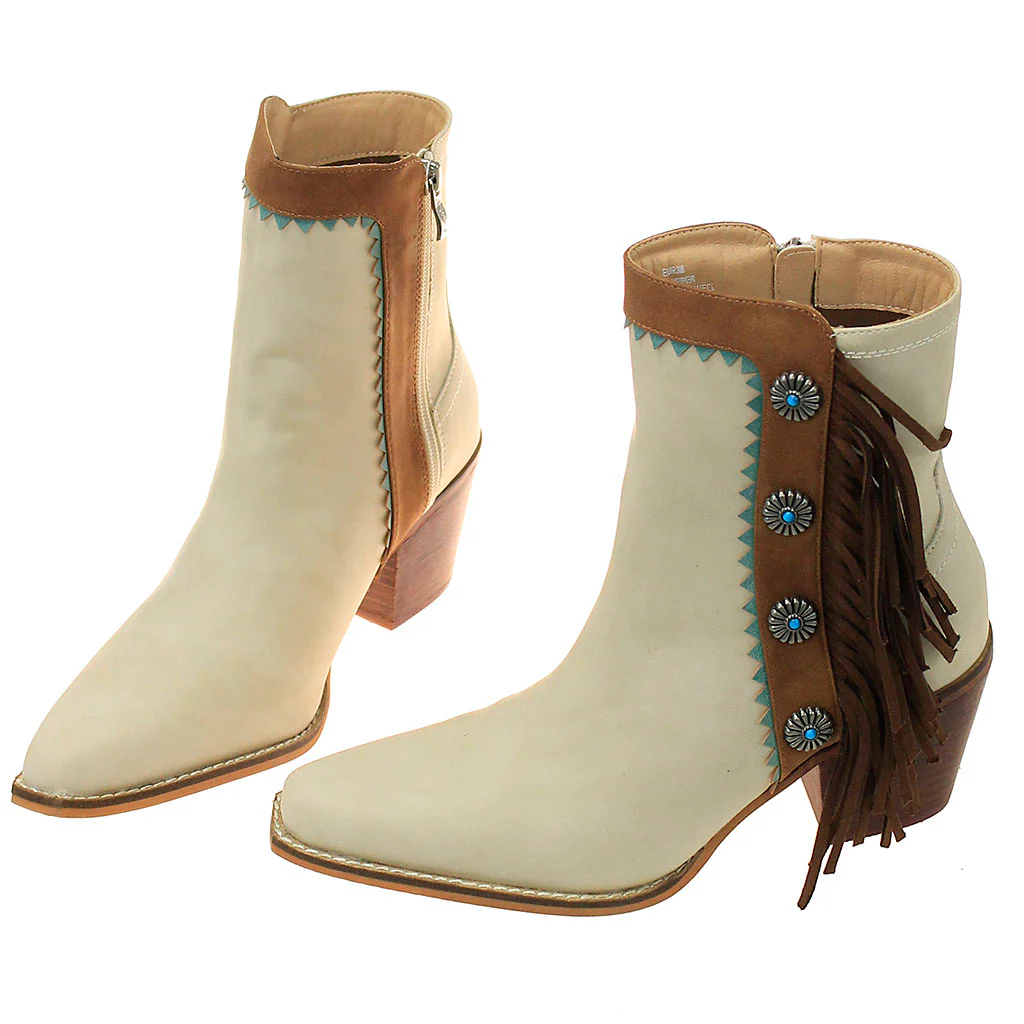 6" Cream Western Ankle Boots with Brown Fringe & Conchos #BLC10FT-GIZ6 - Image 4