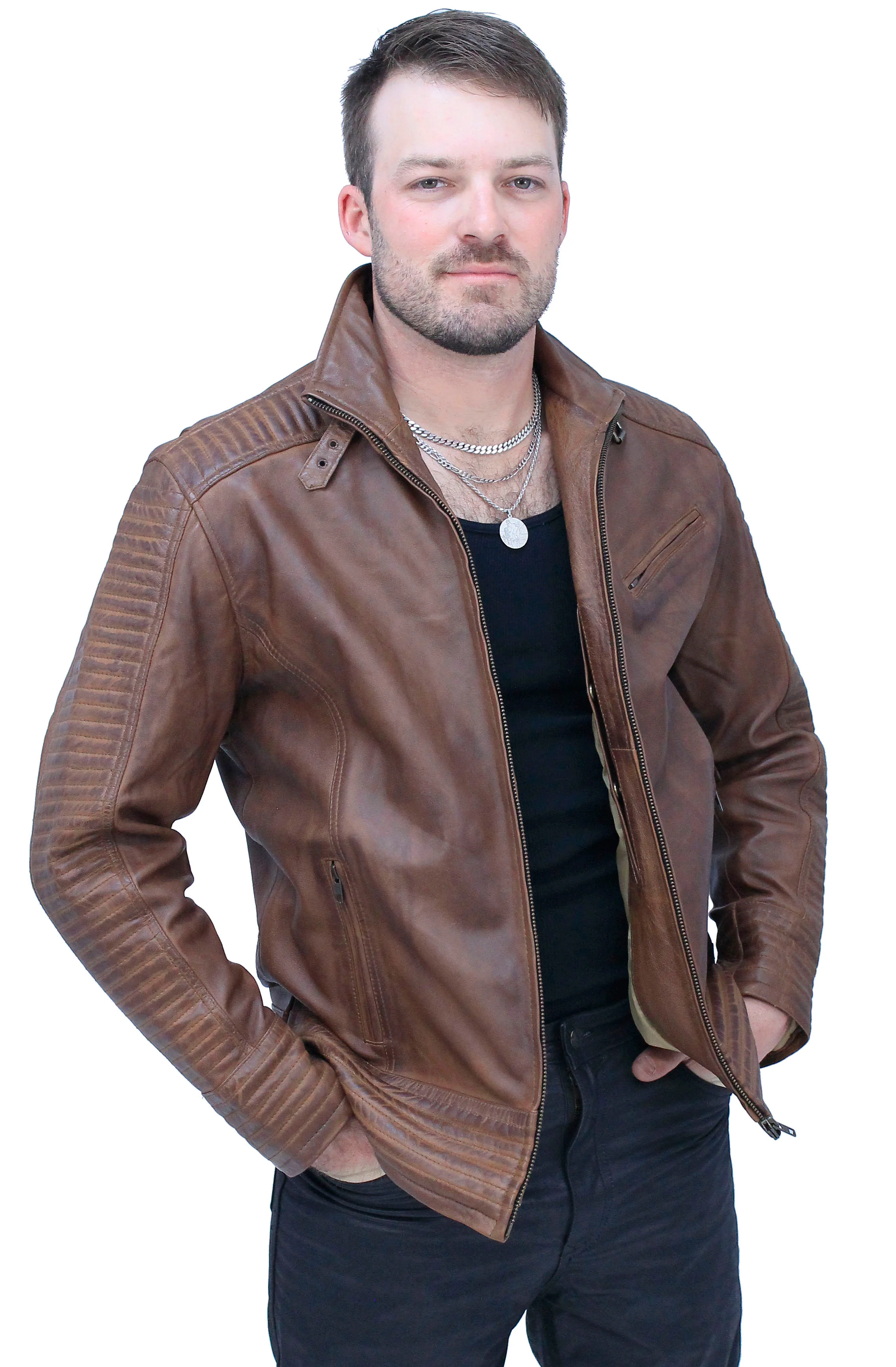 Distressed Brown Leather Ribbed Trim Jacket Butterfly Collar #MA1992GN