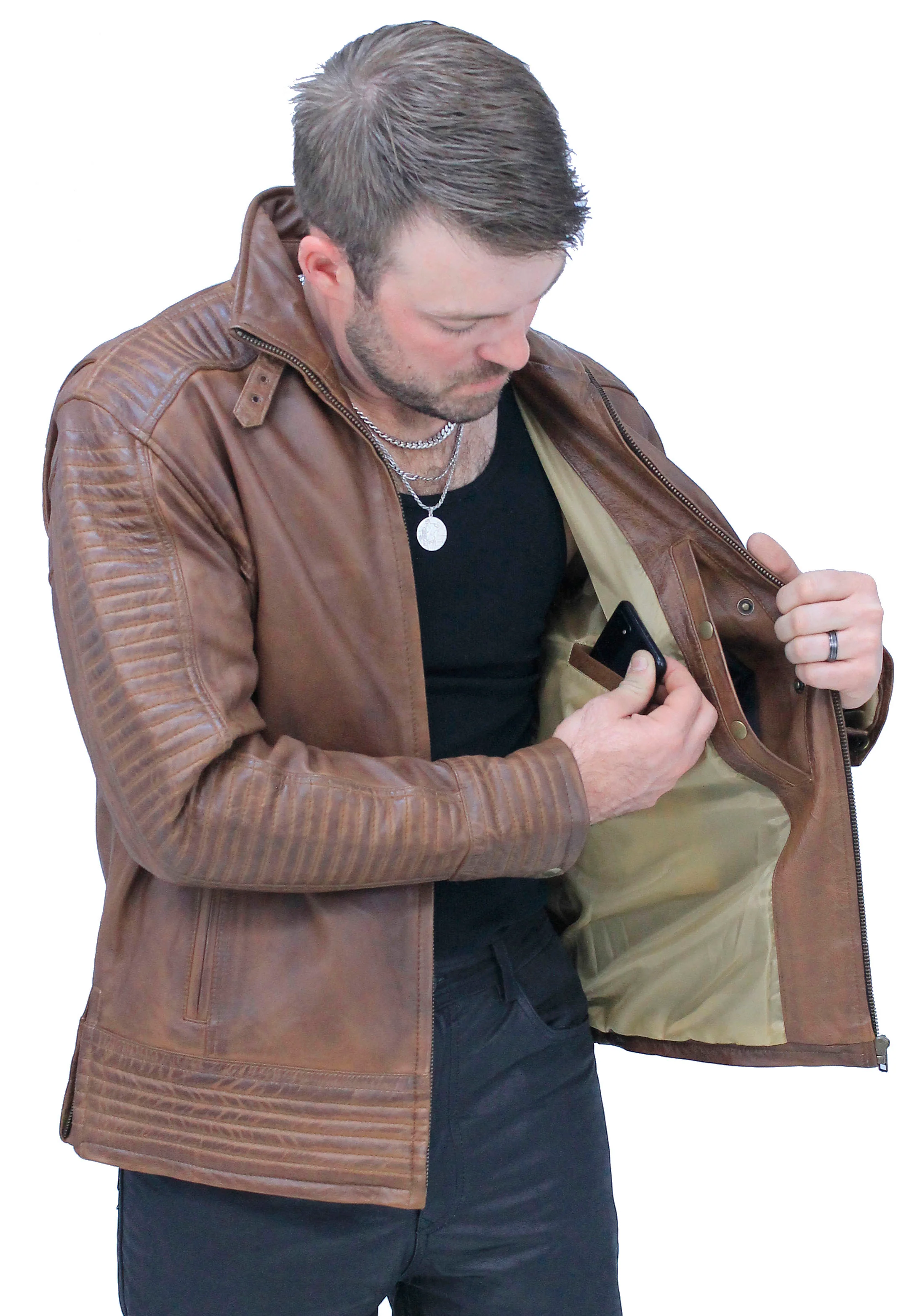 Distressed Brown Leather Ribbed Trim Jacket Butterfly Collar #MA1992GN - Image 2