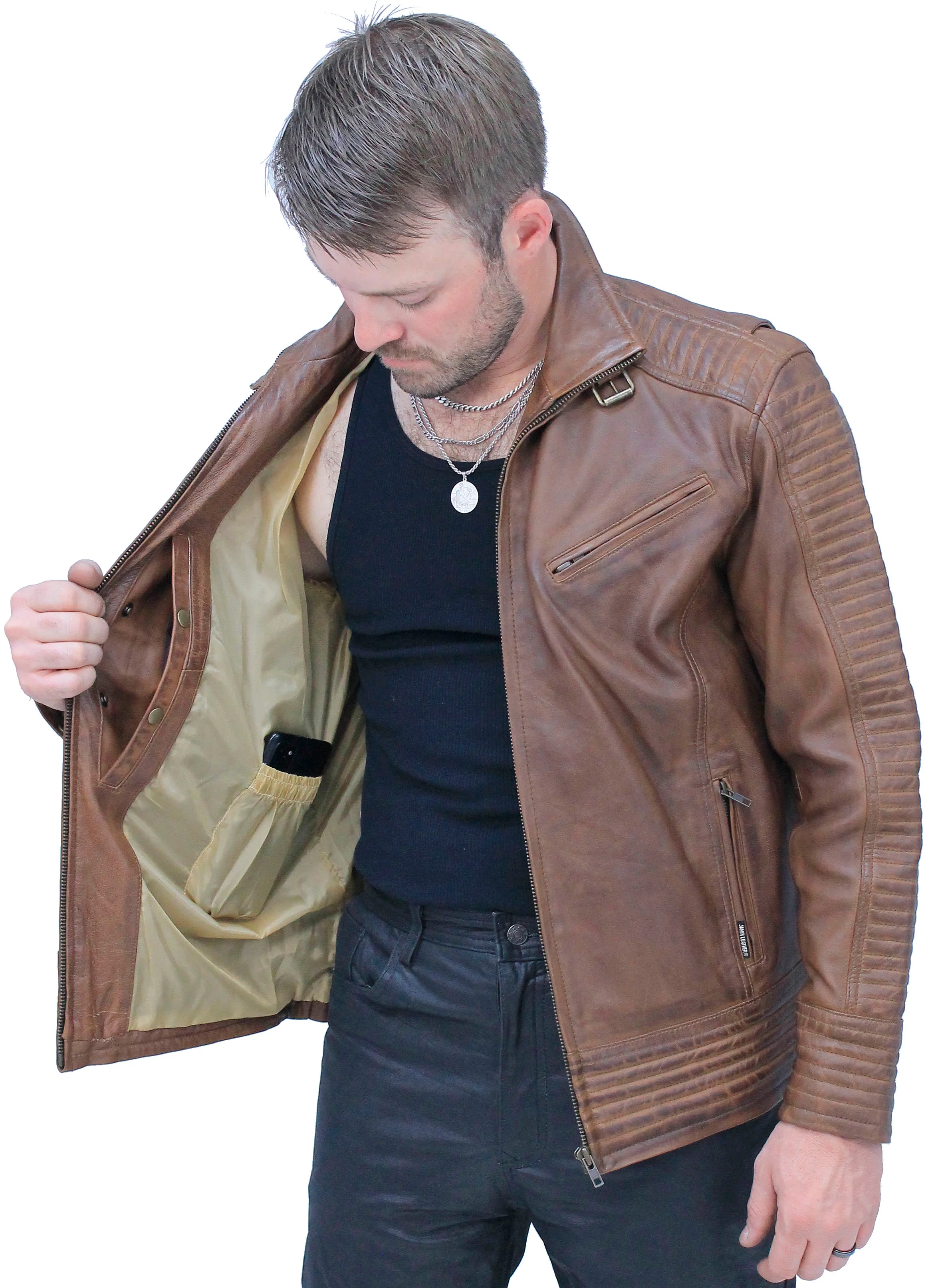 Distressed Brown Leather Ribbed Trim Jacket Butterfly Collar #MA1992GN - Image 3