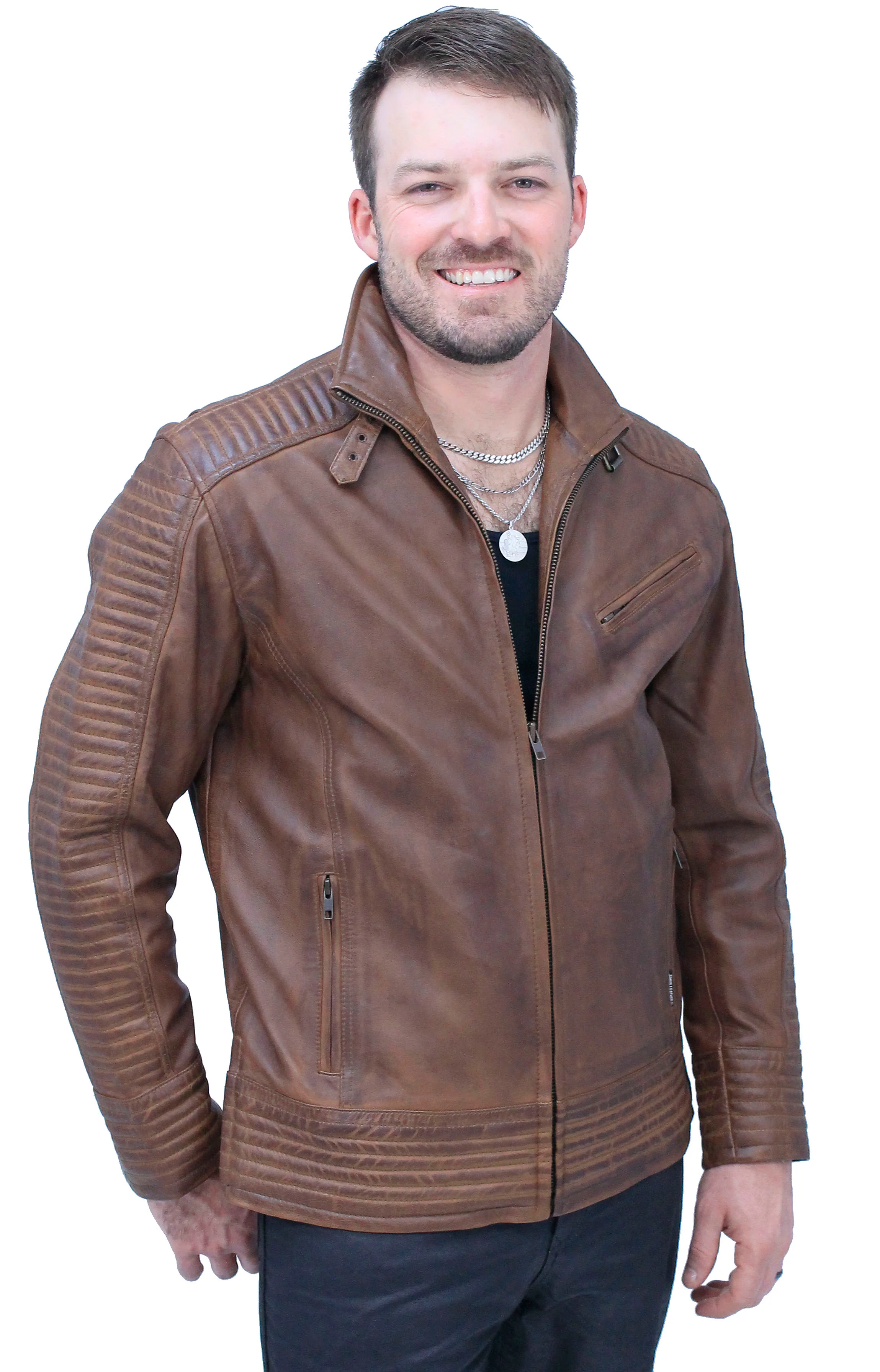 Distressed Brown Leather Ribbed Trim Jacket Butterfly Collar #MA1992GN - Image 4