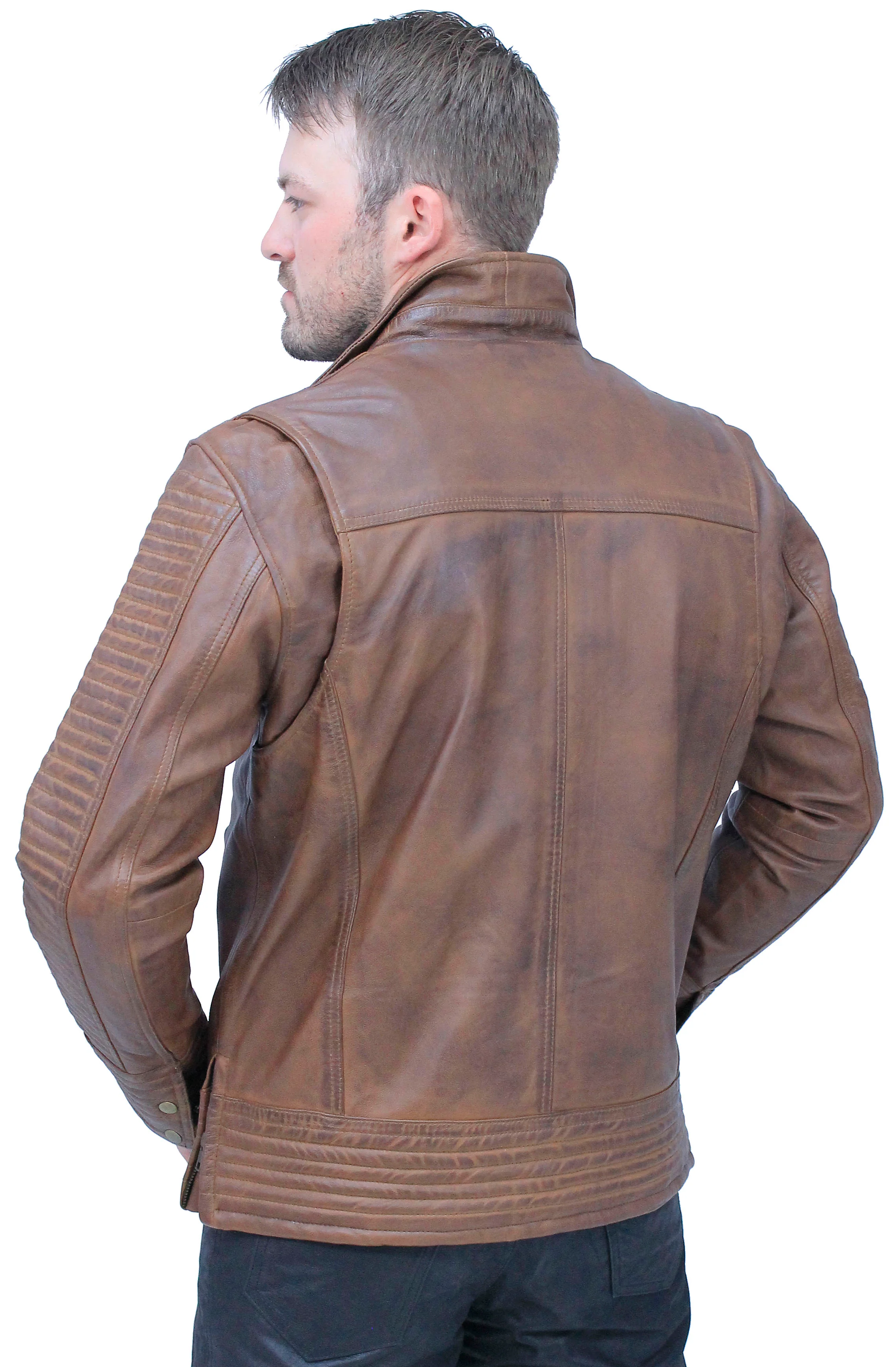 Distressed Brown Leather Ribbed Trim Jacket Butterfly Collar #MA1992GN - Image 5