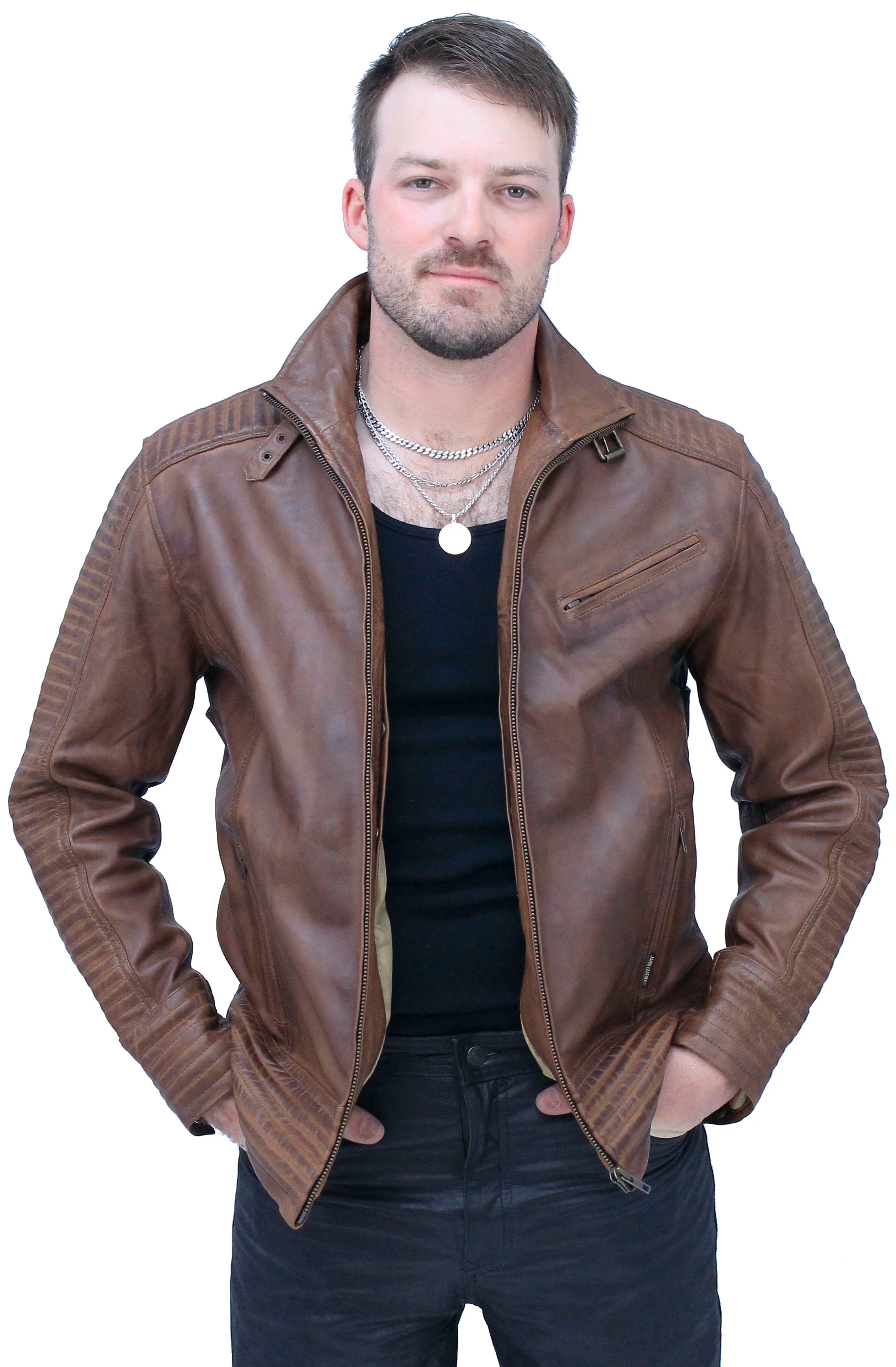 Distressed Brown Leather Ribbed Trim Jacket Butterfly Collar #MA1992GN - Image 6