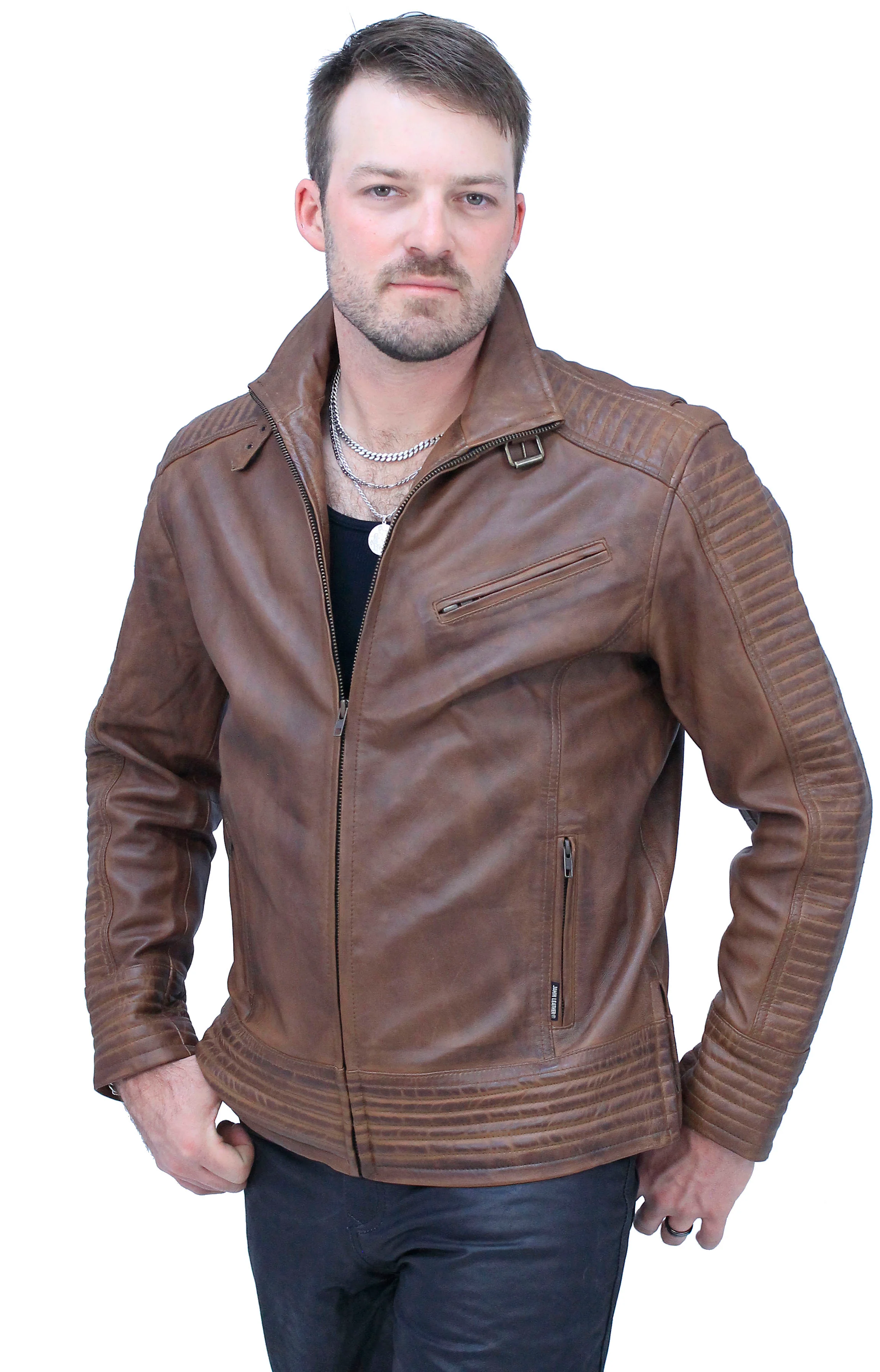Distressed Brown Leather Ribbed Trim Jacket Butterfly Collar #MA1992GN - Image 7
