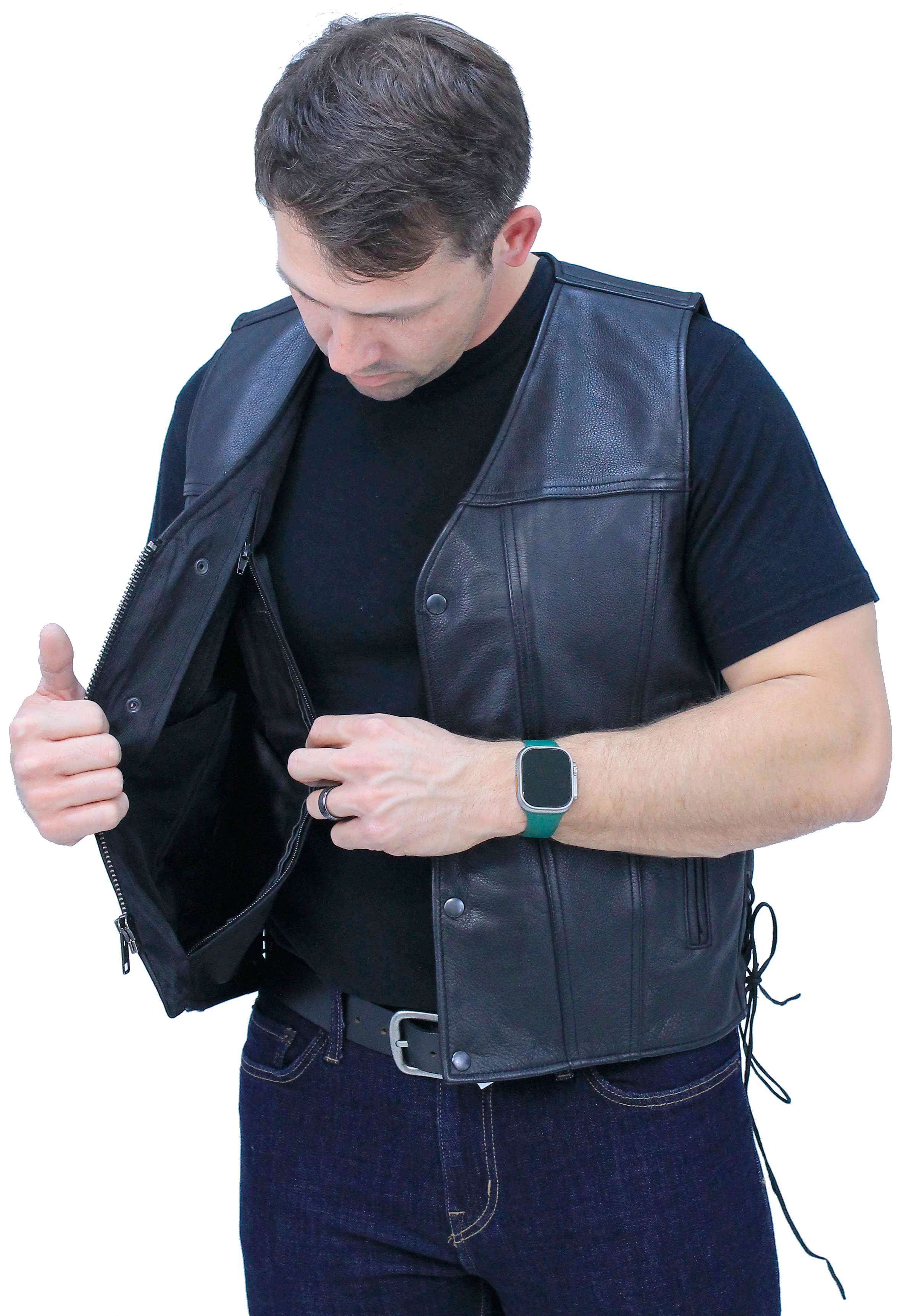 Ultra Premium Men's Side Lace Leather Vest w/Easy Access Pocket #VM6190GZK - Image 2