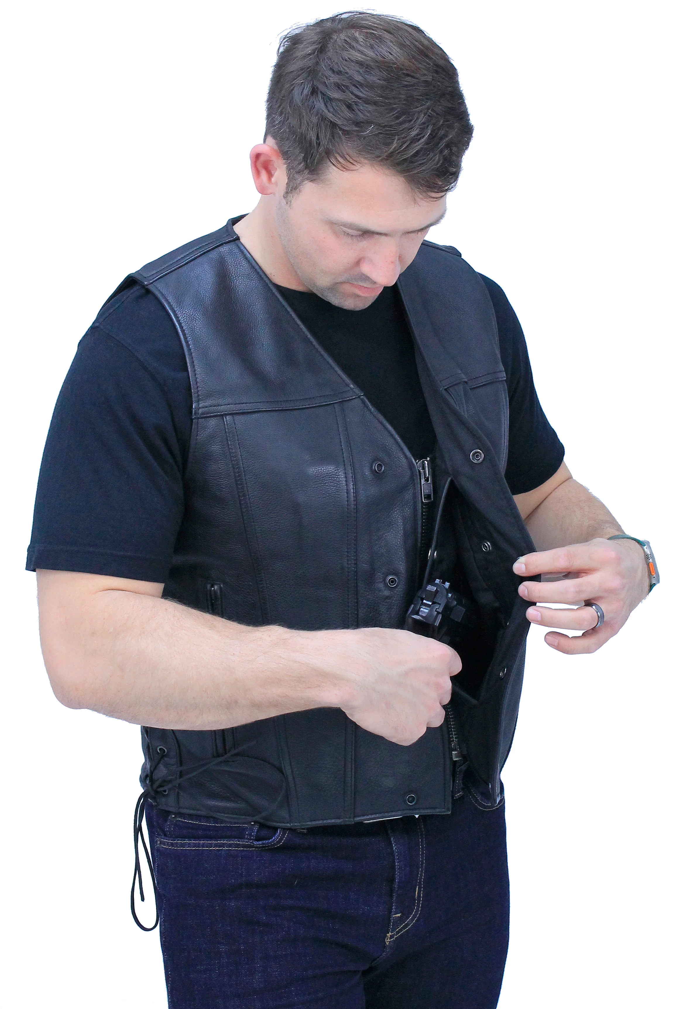 Ultra Premium Men's Side Lace Leather Vest w/Easy Access Pocket #VM6190GZK - Image 3