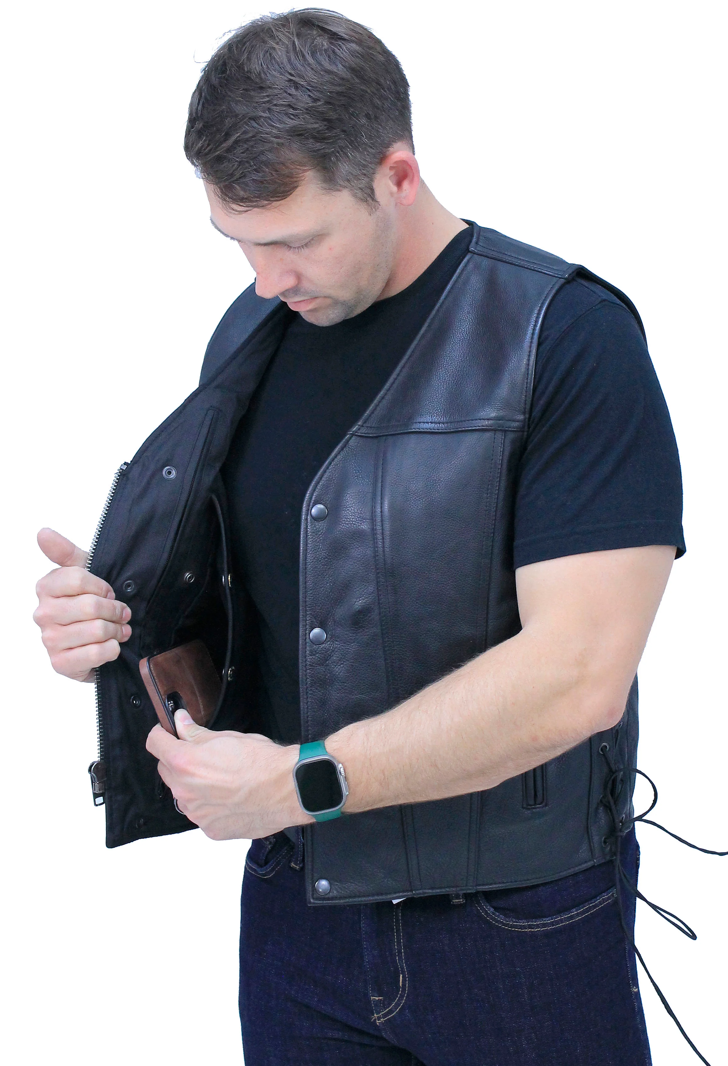 Ultra Premium Men's Side Lace Leather Vest w/Easy Access Pocket #VM6190GZK - Image 4