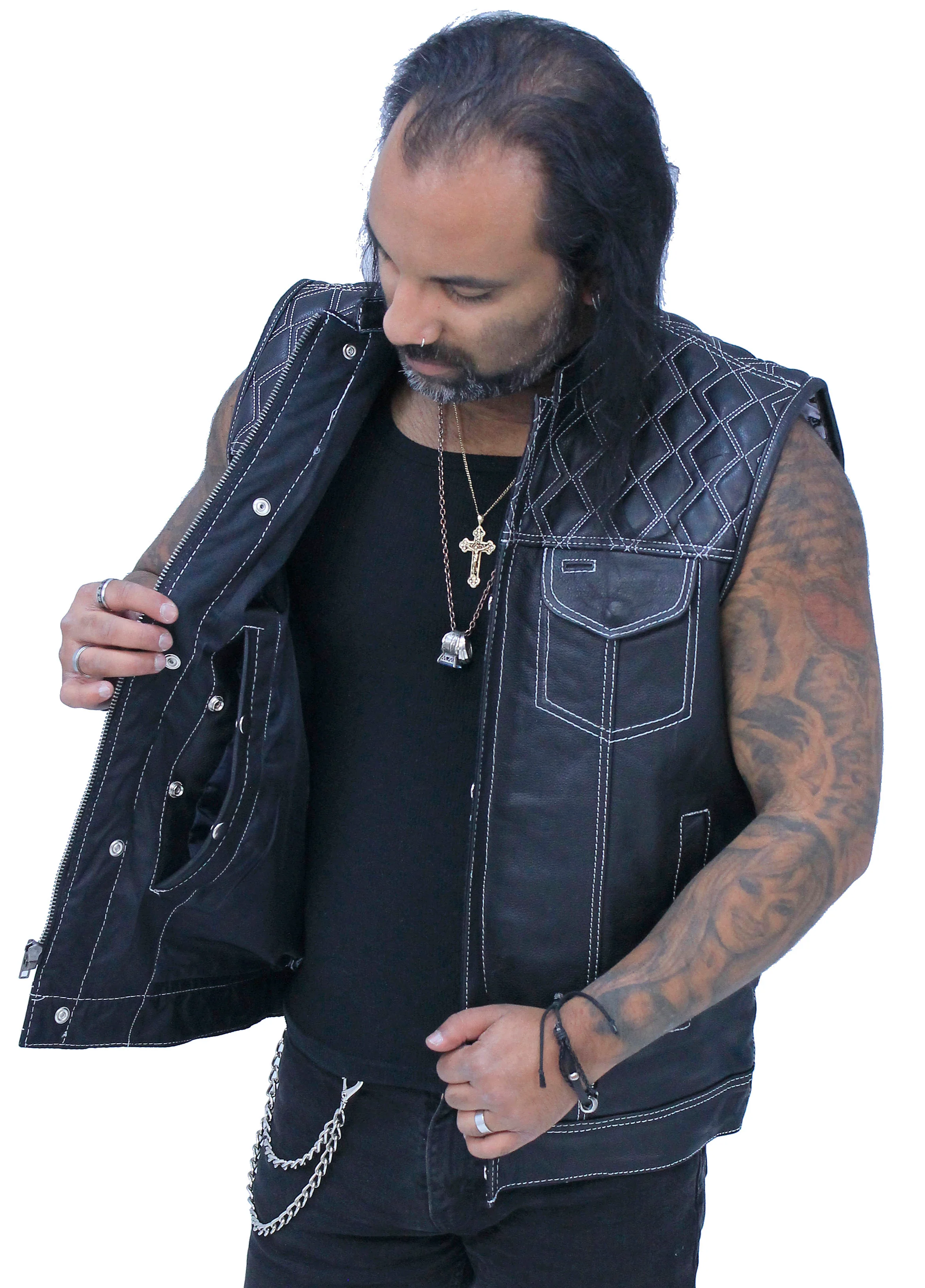 Easy Access Leather Club Vest with White Stitch Quilting #VM6408QW - Image 2