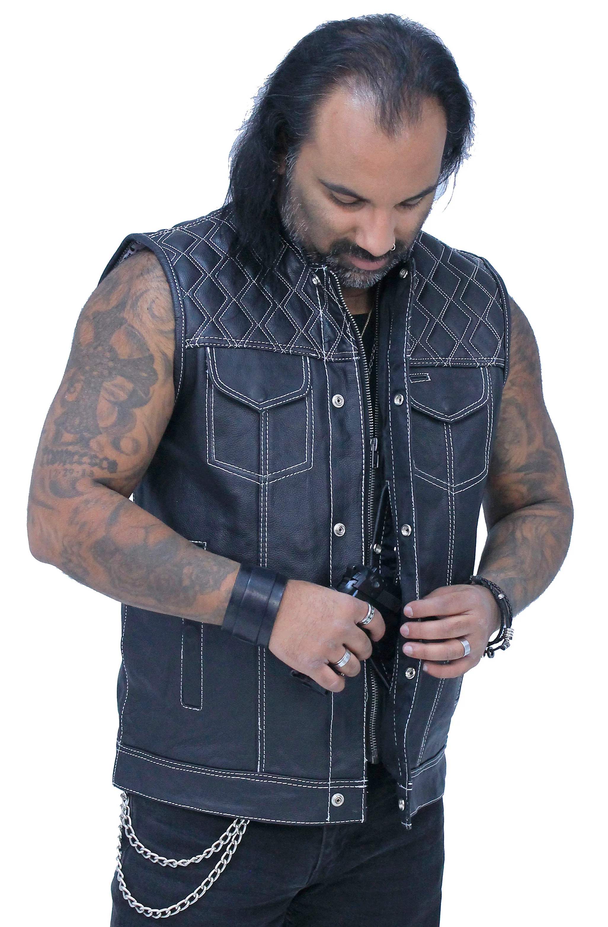 Easy Access Leather Club Vest with White Stitch Quilting #VM6408QW - Image 3