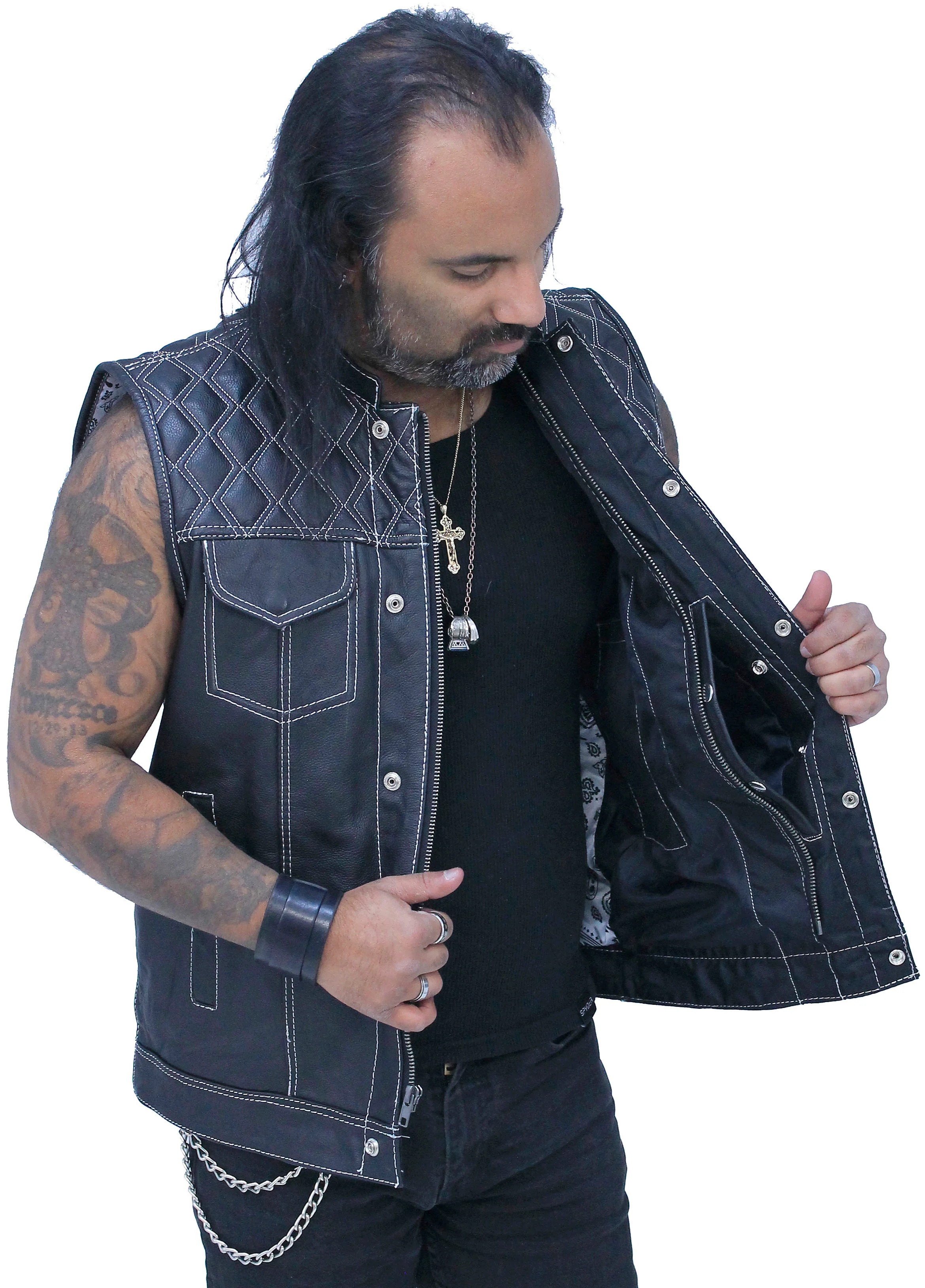 Easy Access Leather Club Vest with White Stitch Quilting #VM6408QW - Image 4