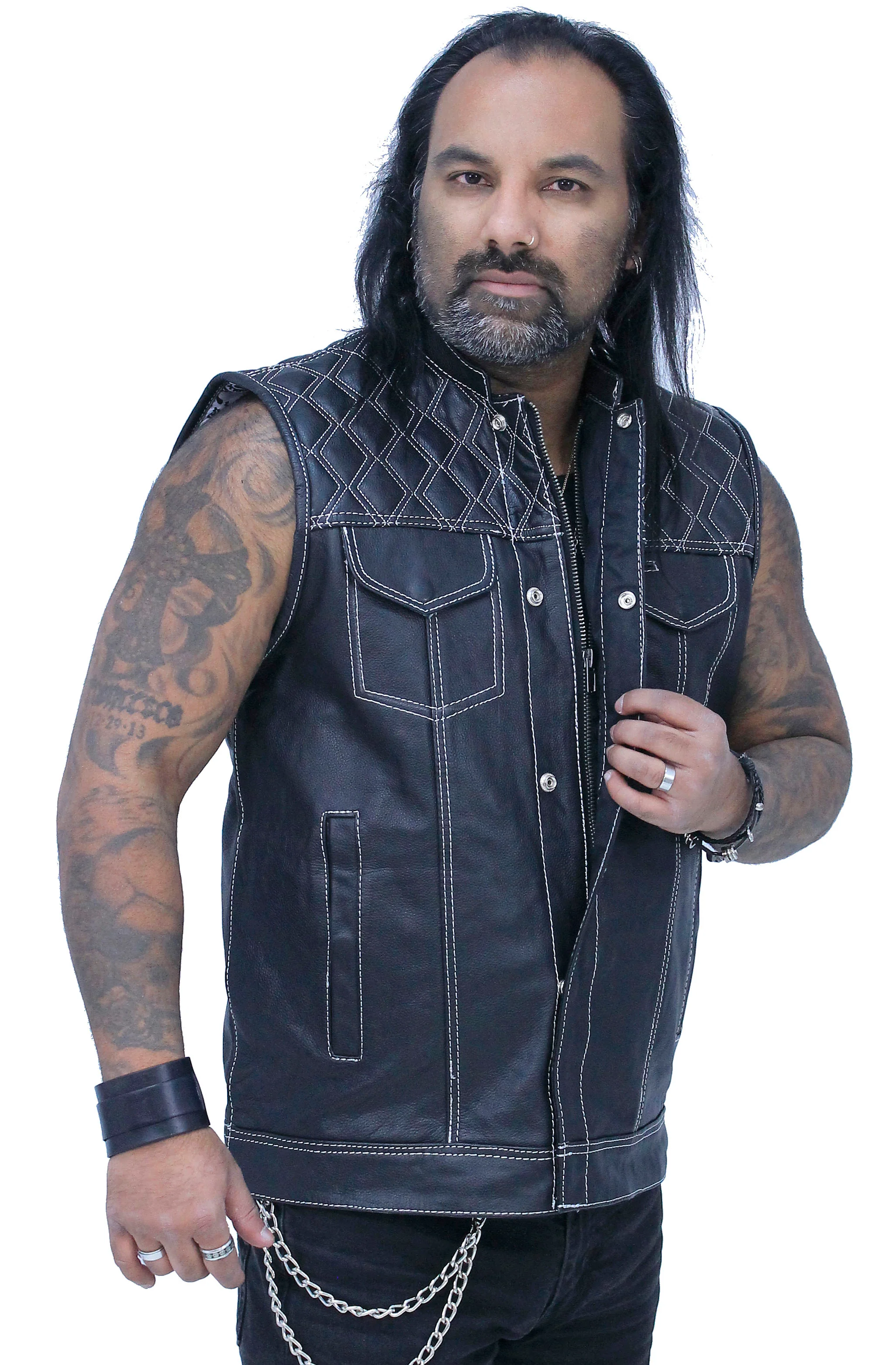 Easy Access Leather Club Vest with White Stitch Quilting #VM6408QW - Image 5