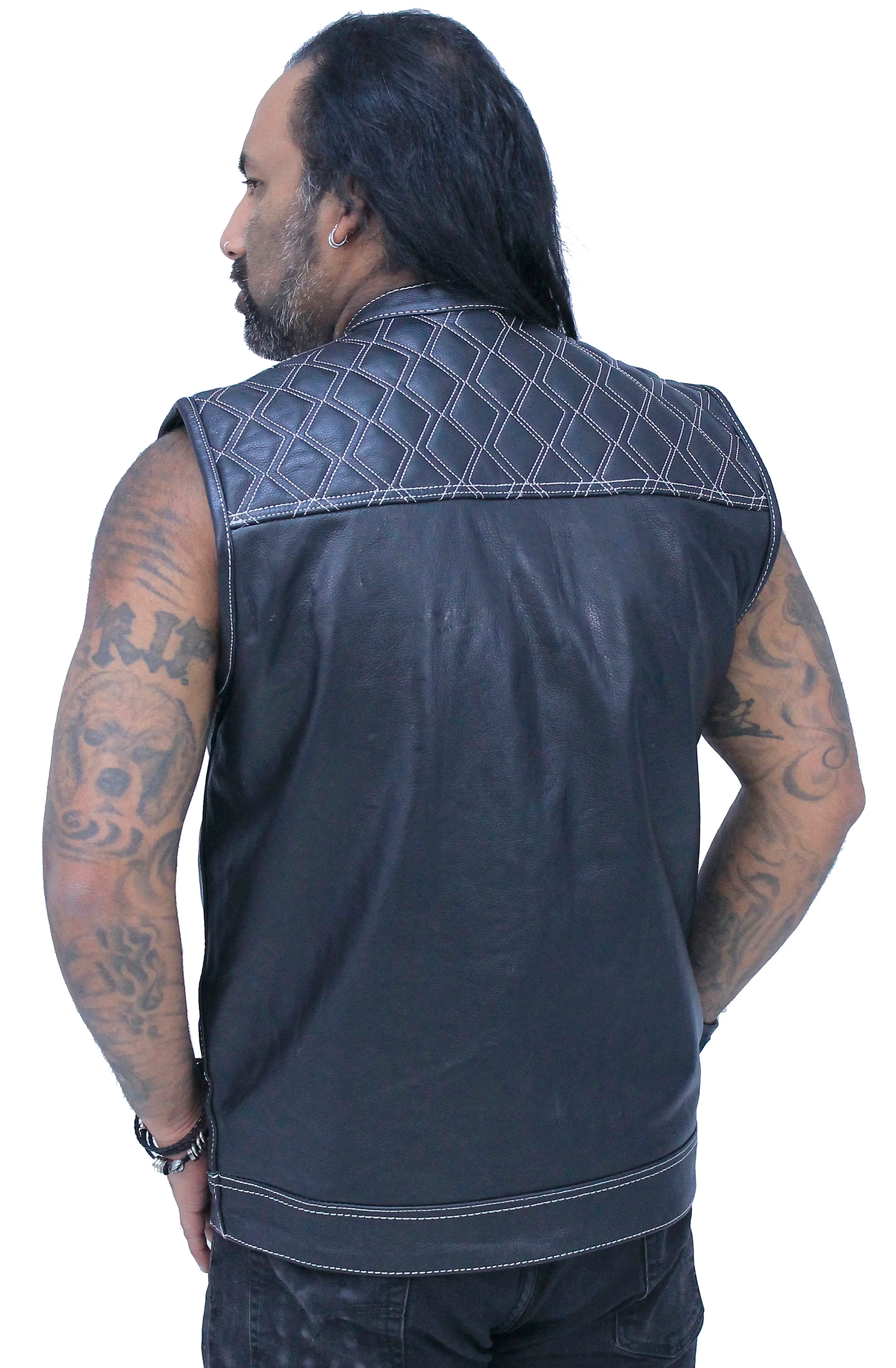 Easy Access Leather Club Vest with White Stitch Quilting #VM6408QW - Image 6