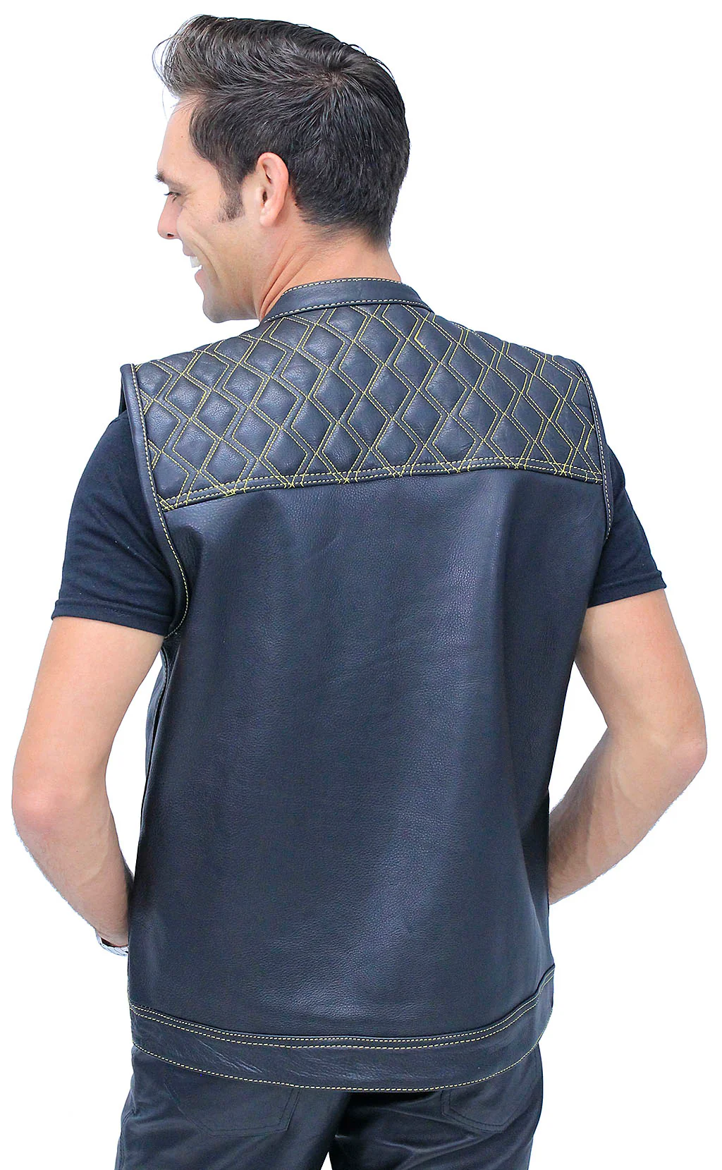 Easy Access Leather Club Vest with Yellow Stitched Quilting #VM6409Y - Image 2