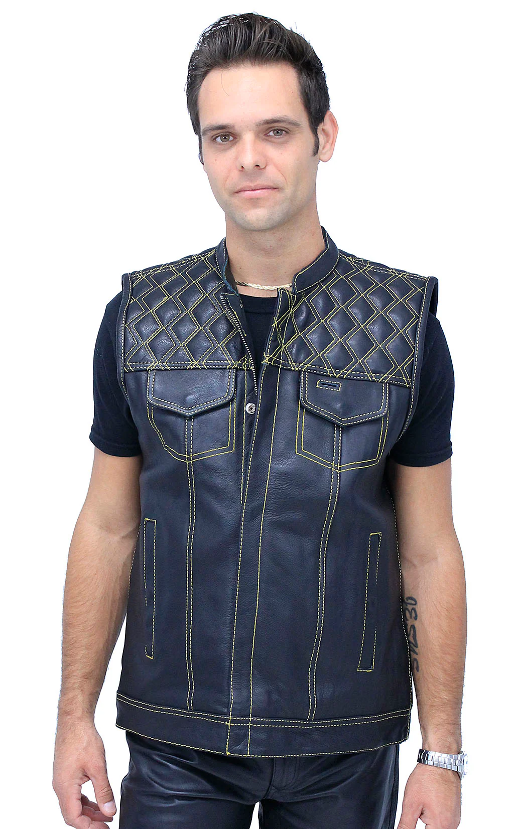 Easy Access Leather Club Vest with Yellow Stitched Quilting #VM6409Y - Image 3