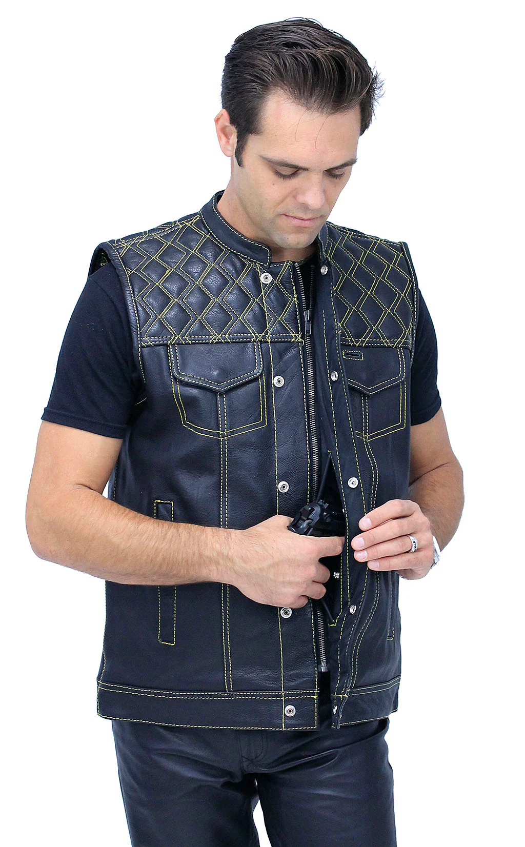 Easy Access Leather Club Vest with Yellow Stitched Quilting #VM6409Y - Image 4