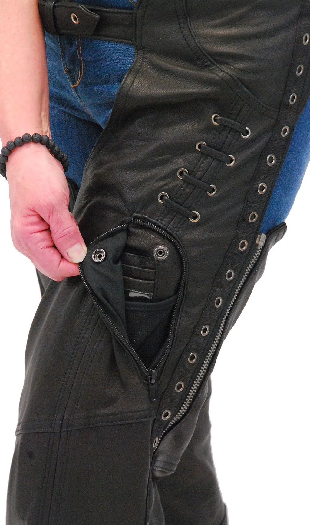 Eyelet Trim Stretch Thigh Ultra Premium Leather Chaps #CL6535EYEK - Image 3