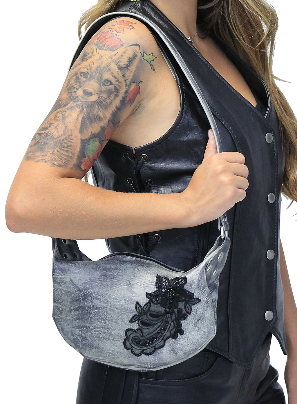 Flower Lace Antiqued Gray Leather Banana Purse #PA23043PGY ()