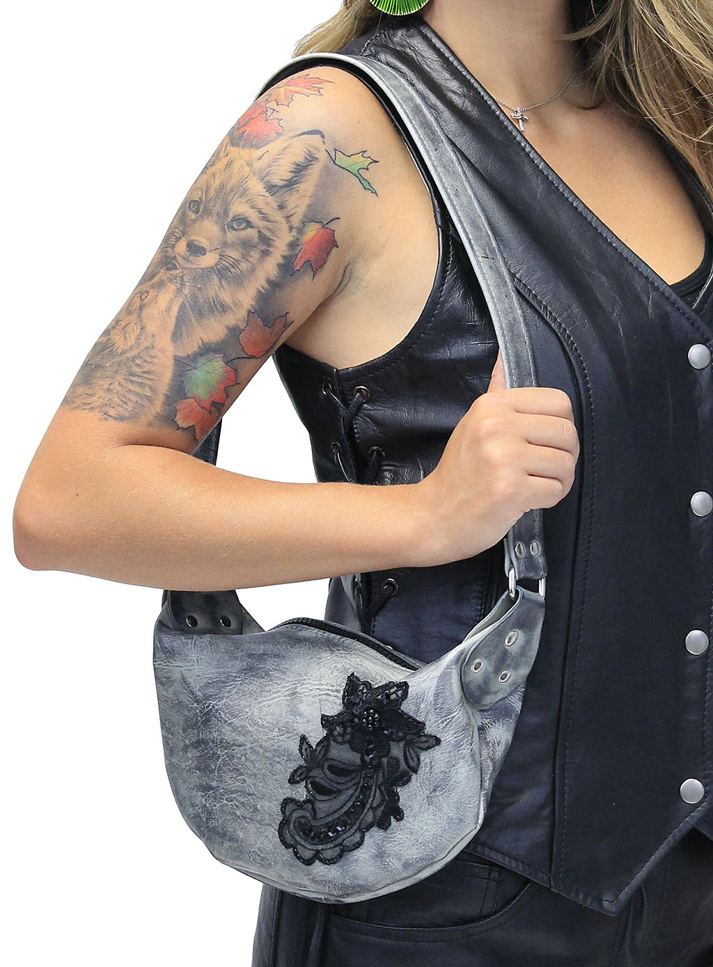 Flower Lace Antiqued Gray Leather Banana Purse #PA23043PGY () - Image 2