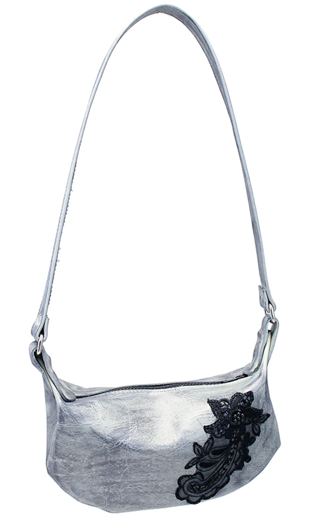 Flower Lace Antiqued Gray Leather Banana Purse #PA23043PGY () - Image 3