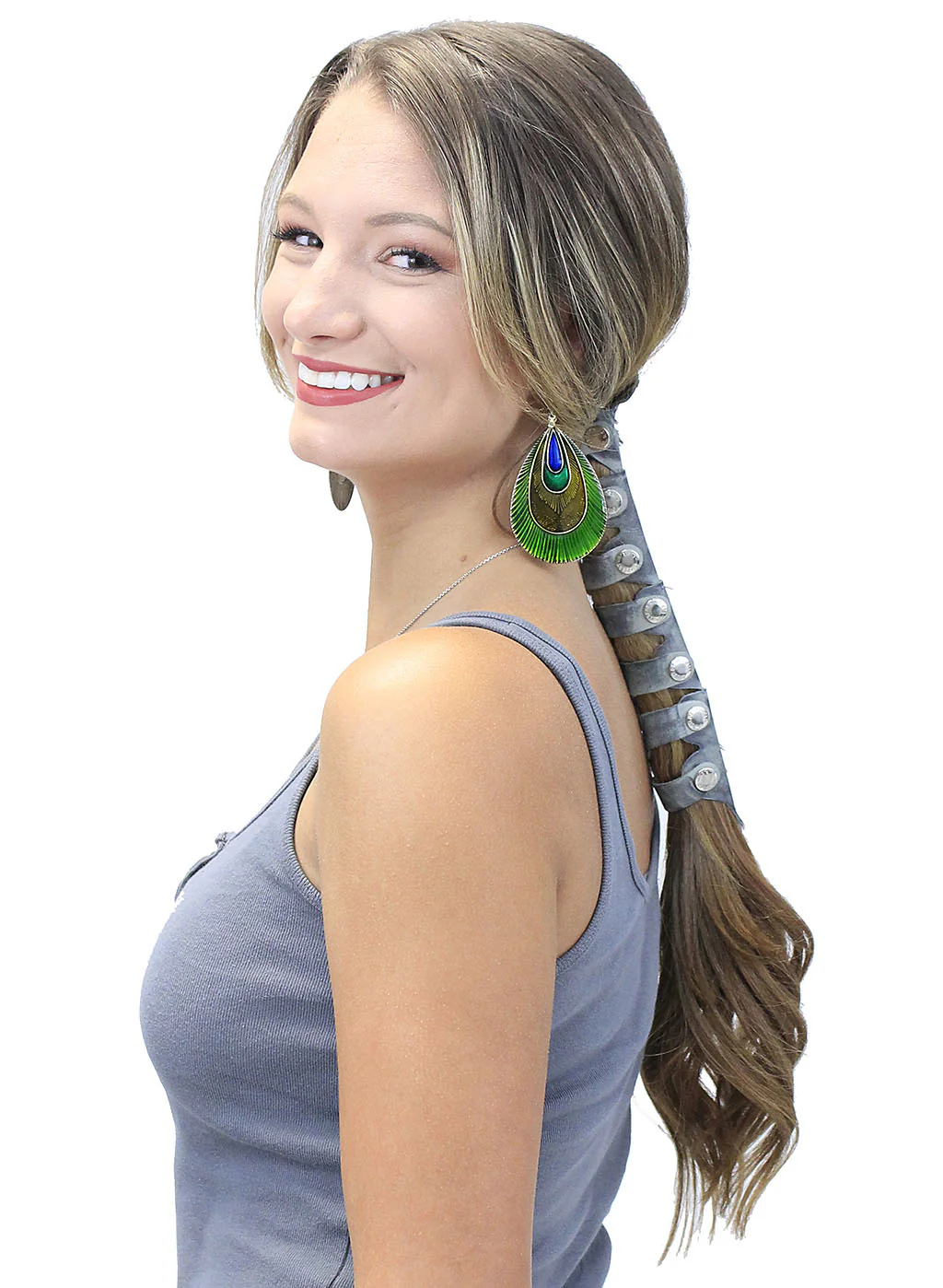Gray Feather & Leather Hair Tube #AHW2306FGY - Image 2