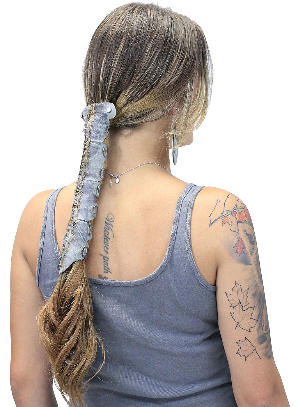 Gray Feather & Leather Hair Tube #AHW2306FGY - Image 3