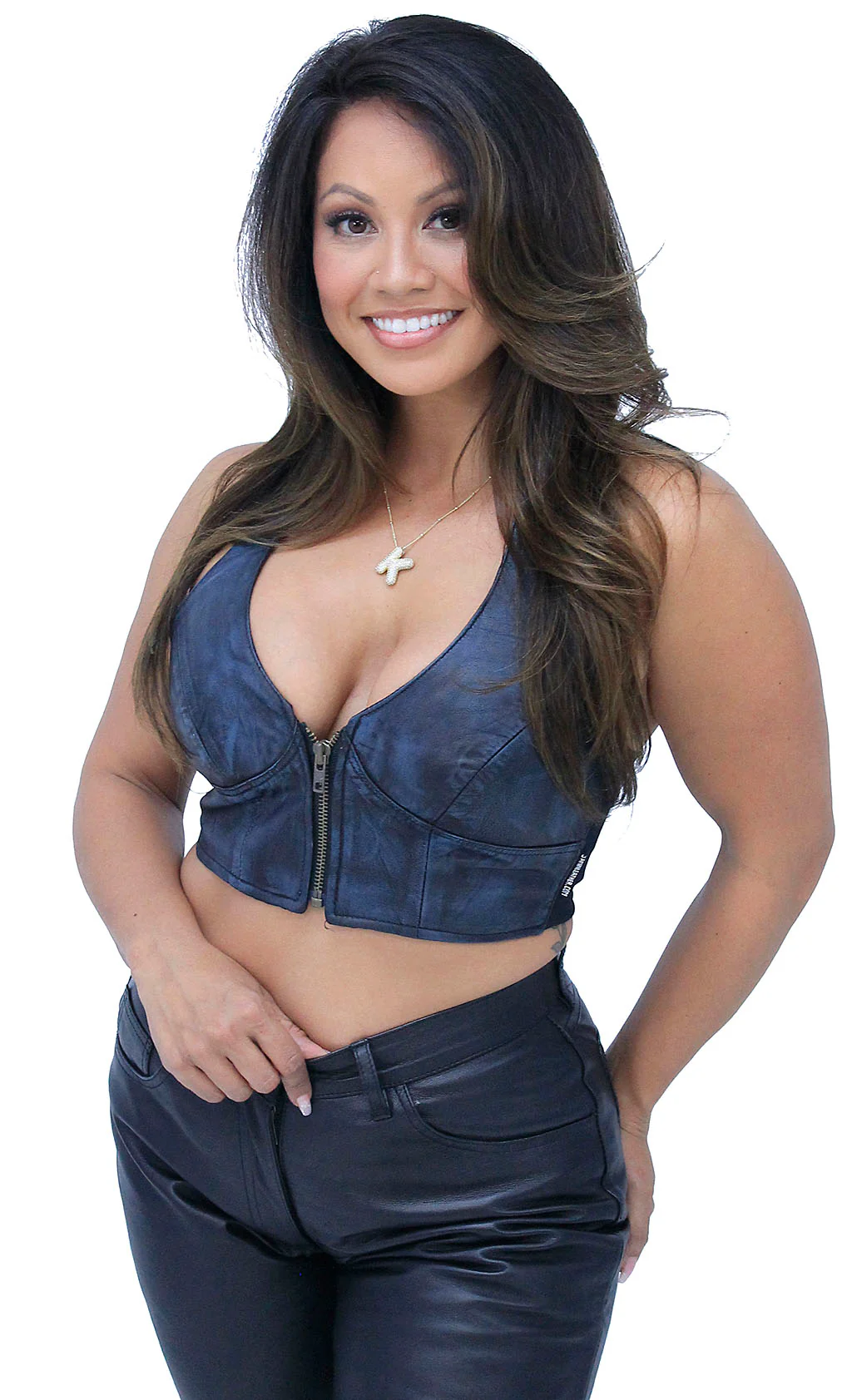 Hand Antiqued Blue Lambskin Leather Cropped Halter #LH30194U - Image 5