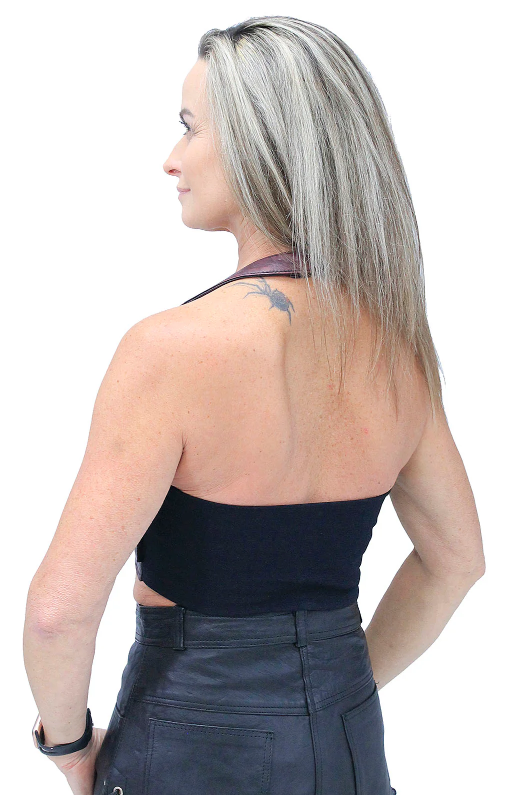 Hand Antiqued Burgundy Red Lambskin Leather Cropped Halter #LH30198R - Image 3