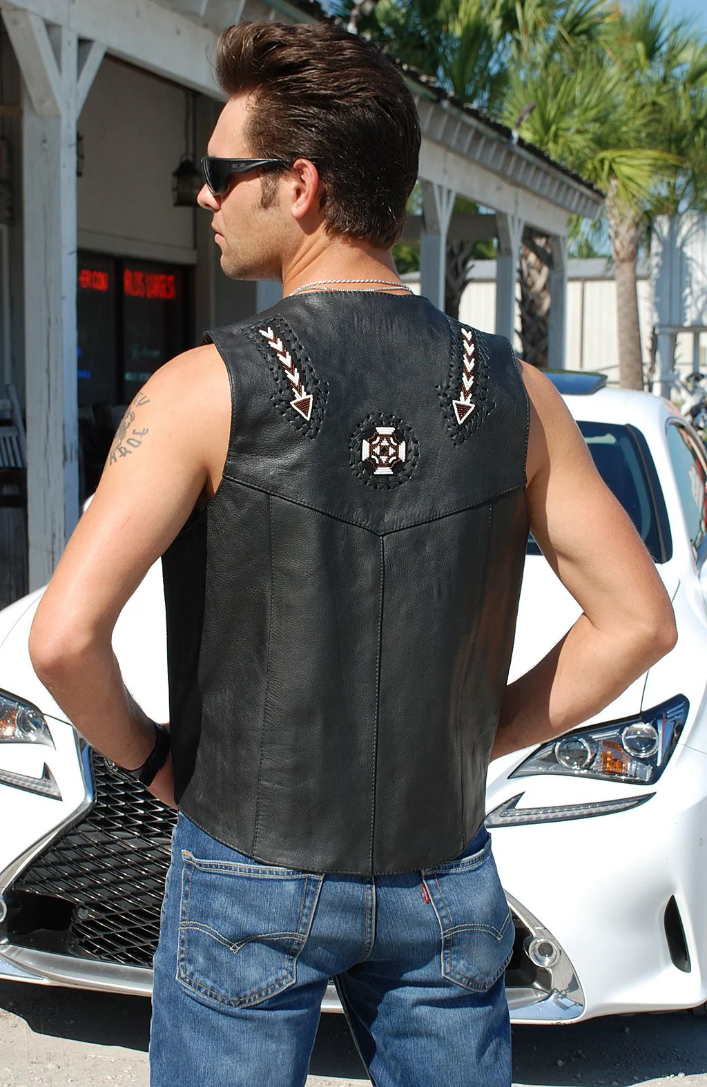 Hand Lace and Indian Bead Inlay Leather Vest #VM641BDK () - Image 5