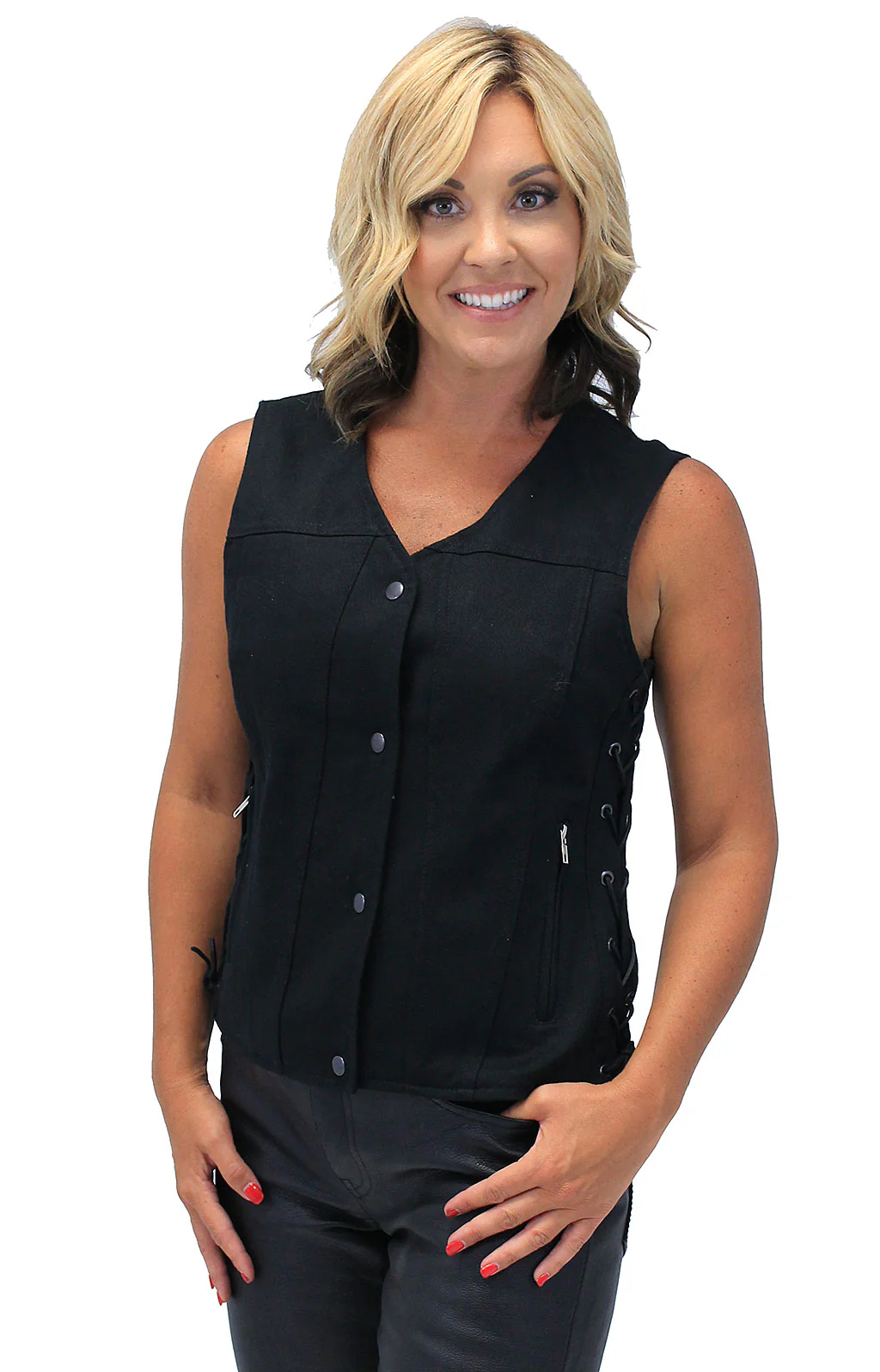 Heavy Denim Women's Side Lace Concealed Pocket Biker Vest #VLC519GLK - Image 2