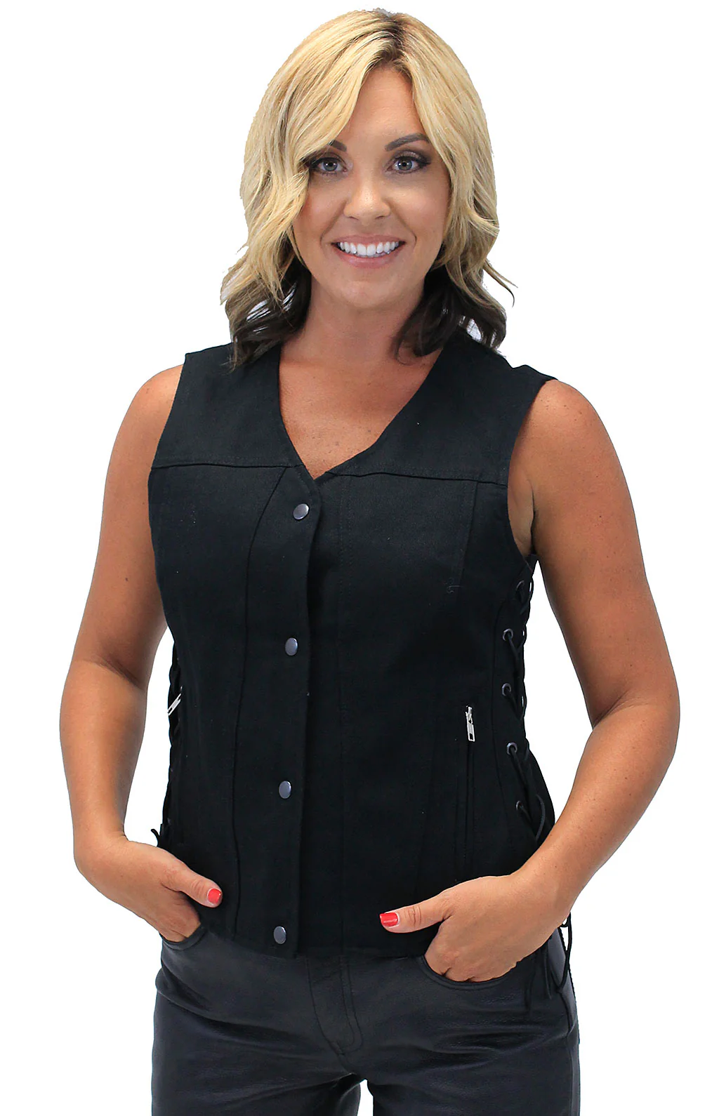 Heavy Denim Women's Side Lace Concealed Pocket Biker Vest #VLC519GLK - Image 3