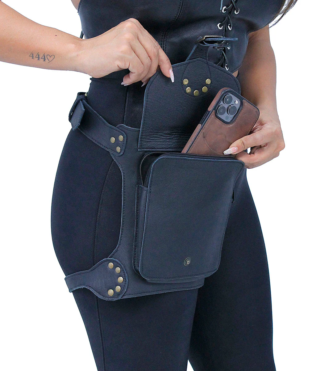 Heavy Leather Thigh Bag with Wide Buckle Straps #TB702031K - Image 4