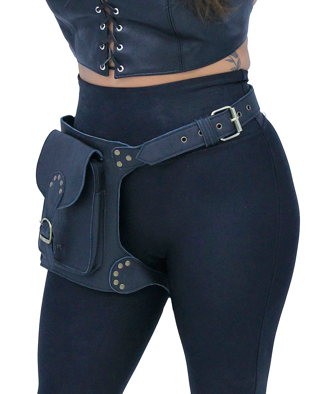Heavy Leather Thigh Bag with Wide Buckle Straps #TB702031K - Image 5