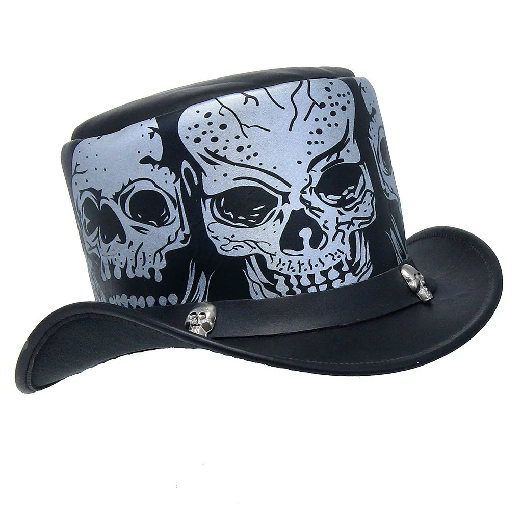 Heavy Leather Tophat with Skulls #H2210SSK - Image 5