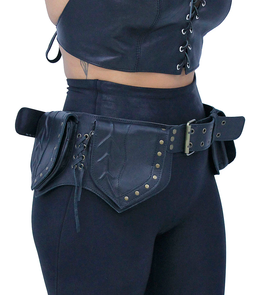 Heavy Leather Belt Bag with 3 Leaf Style Pouches #TB70242LEAF - Image 4