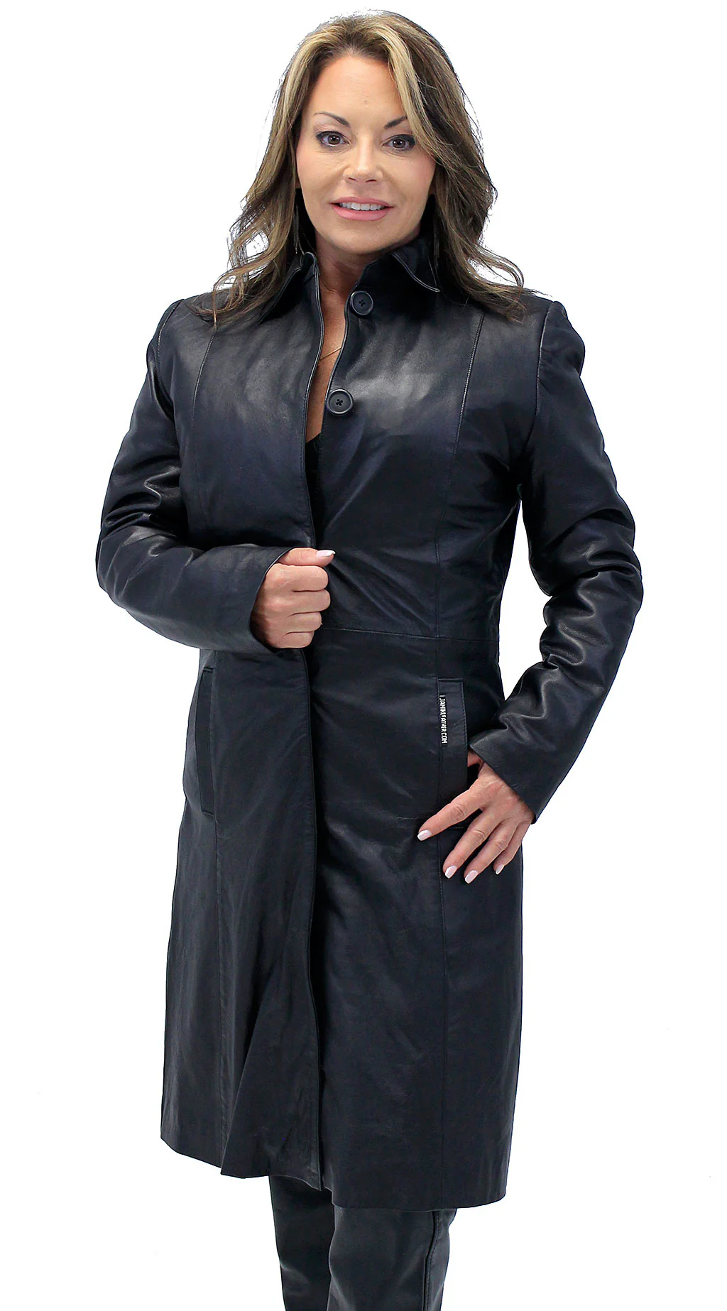 Hidden Button Long Lambskin Leather Coat For Women #L2011398ZK (S-XL) - Image 4