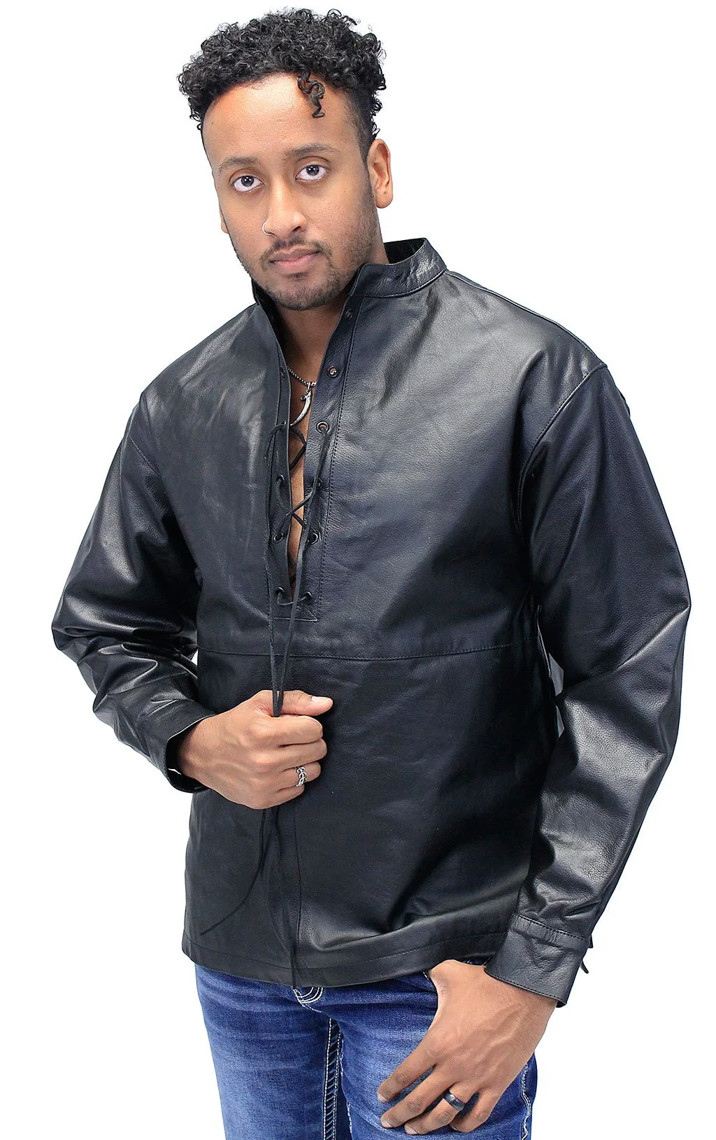 Men's Lace Up Leather Pullover Shirt Jacket #MS2013LK (S,M,2X,3X)