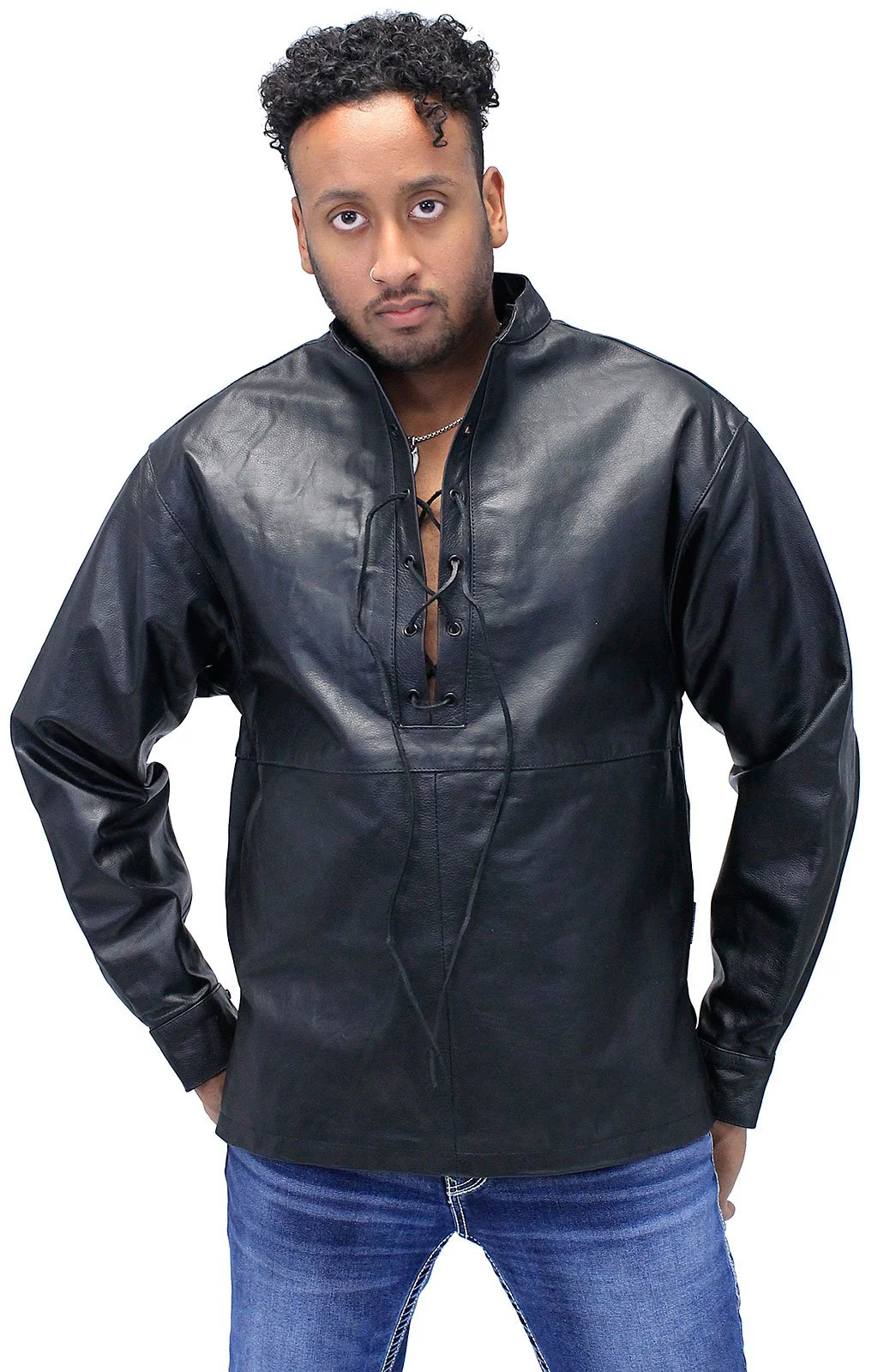 Men's Lace Up Leather Pullover Shirt Jacket #MS2013LK (S,M,2X,3X) - Image 5
