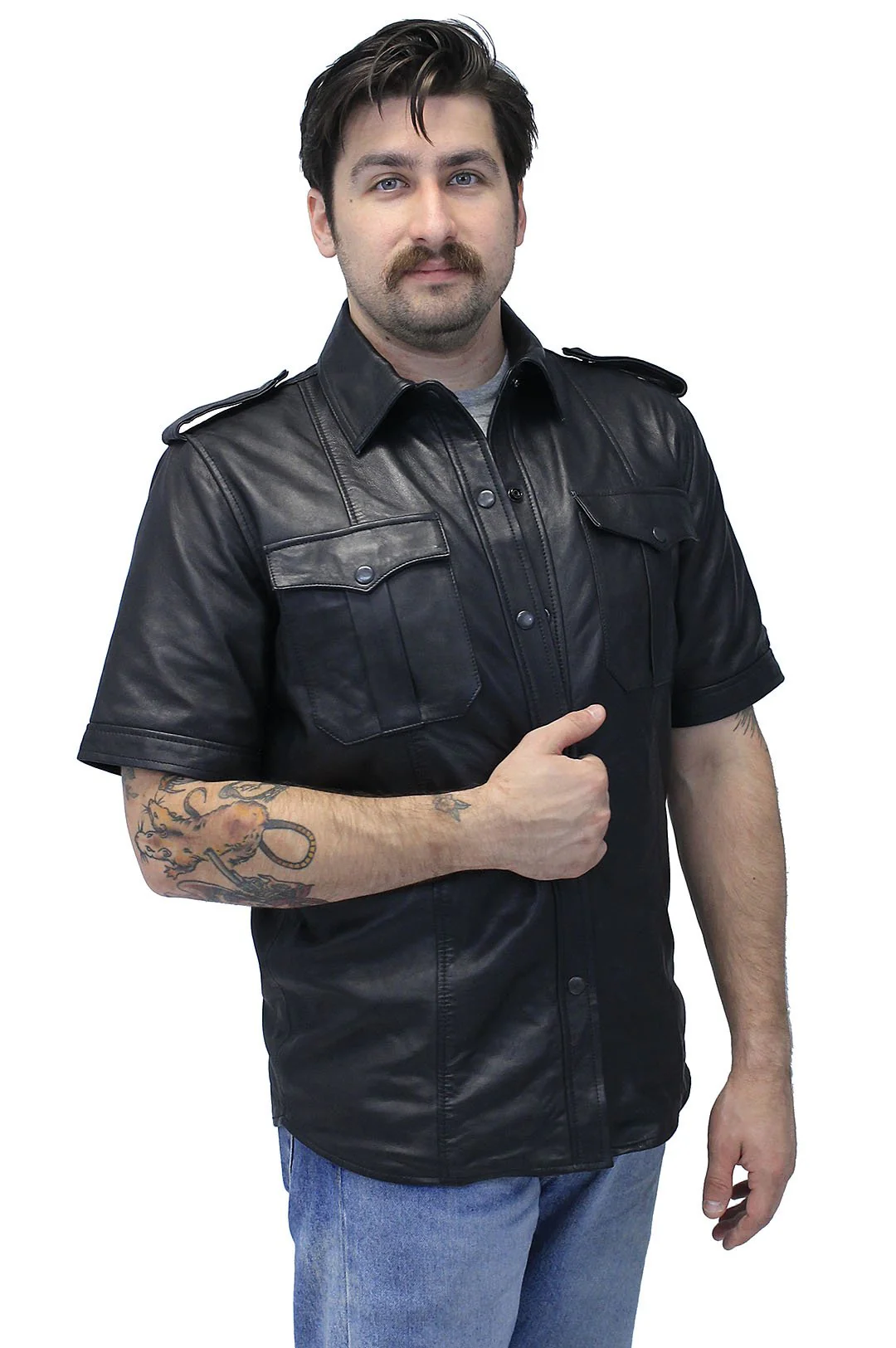 Lambskin Short Sleeve Uniform Leather Shirt #MS2300K - Image 6