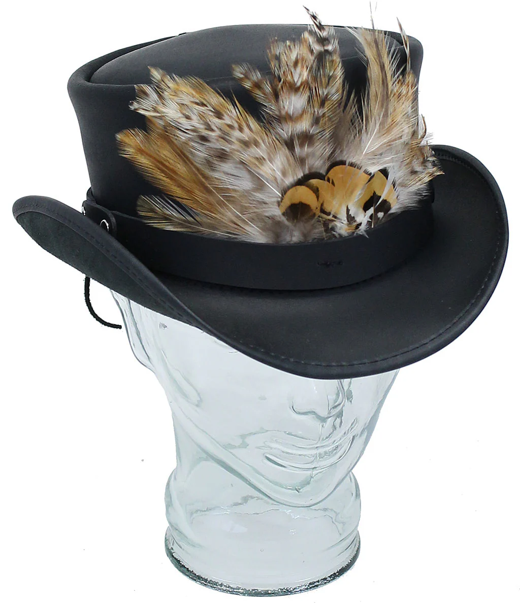 Large Front Feathers on Black Leather Hatband #HB-XFEATHER ()