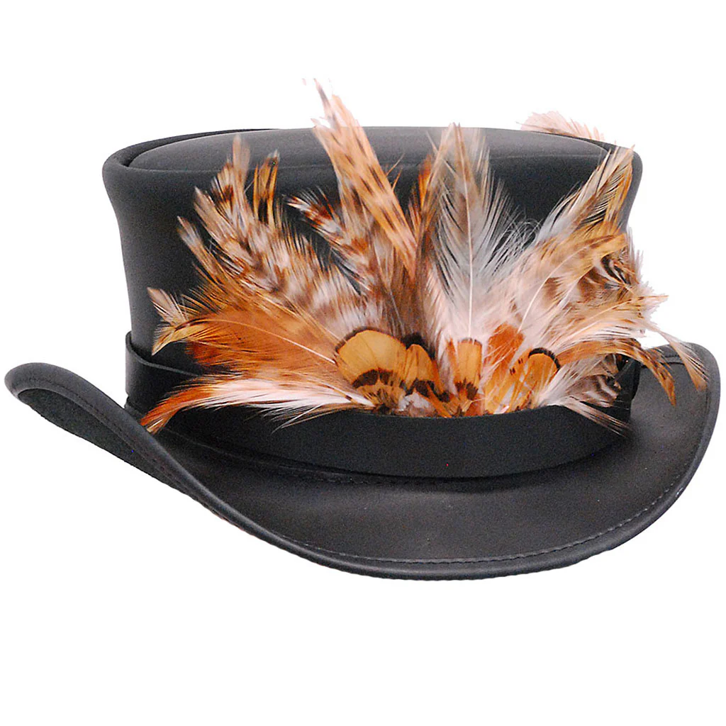 Large Front Feathers on Black Leather Hatband #HB-XFEATHER () - Image 2
