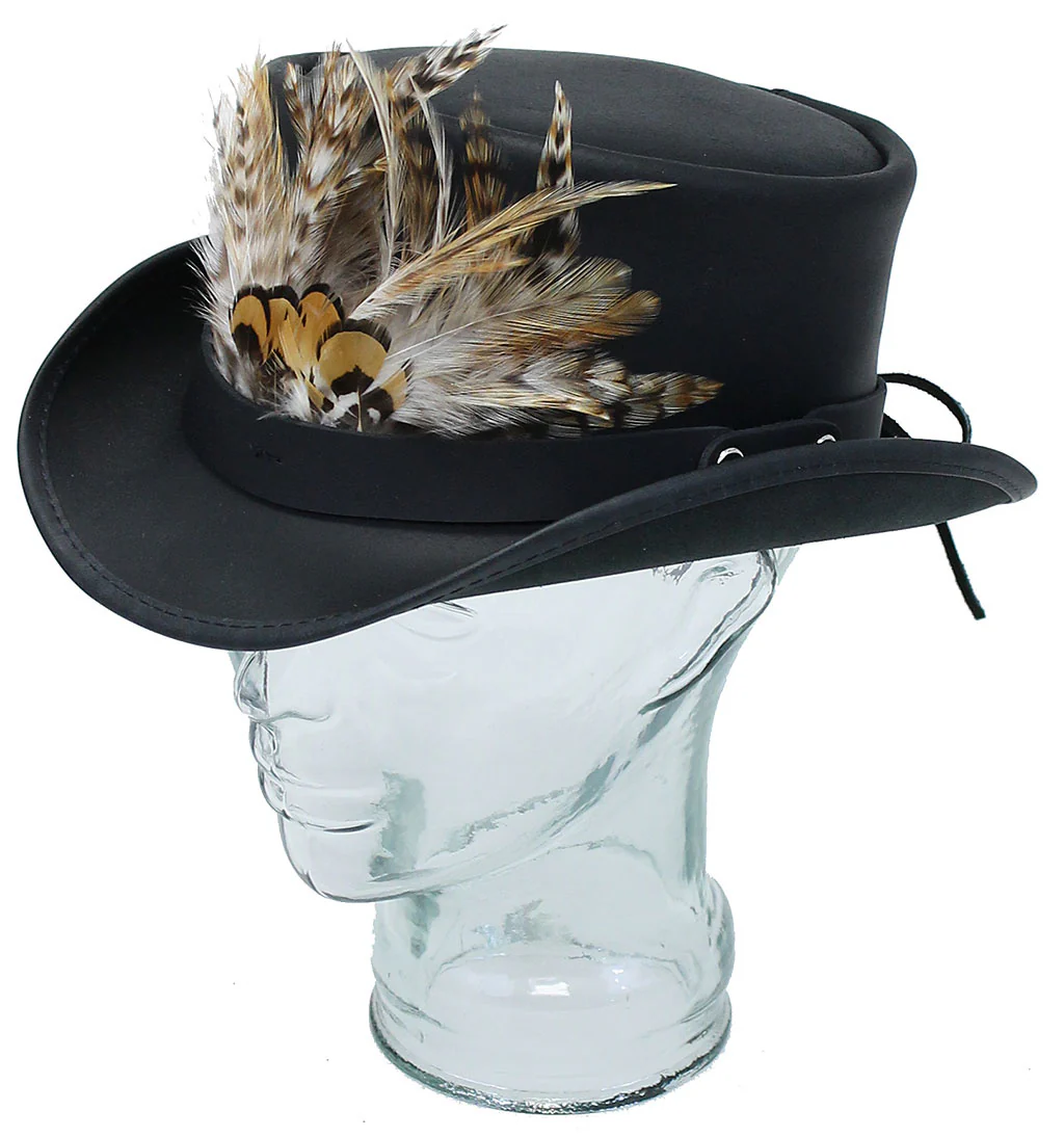 Large Front Feathers on Black Leather Hatband #HB-XFEATHER () - Image 3