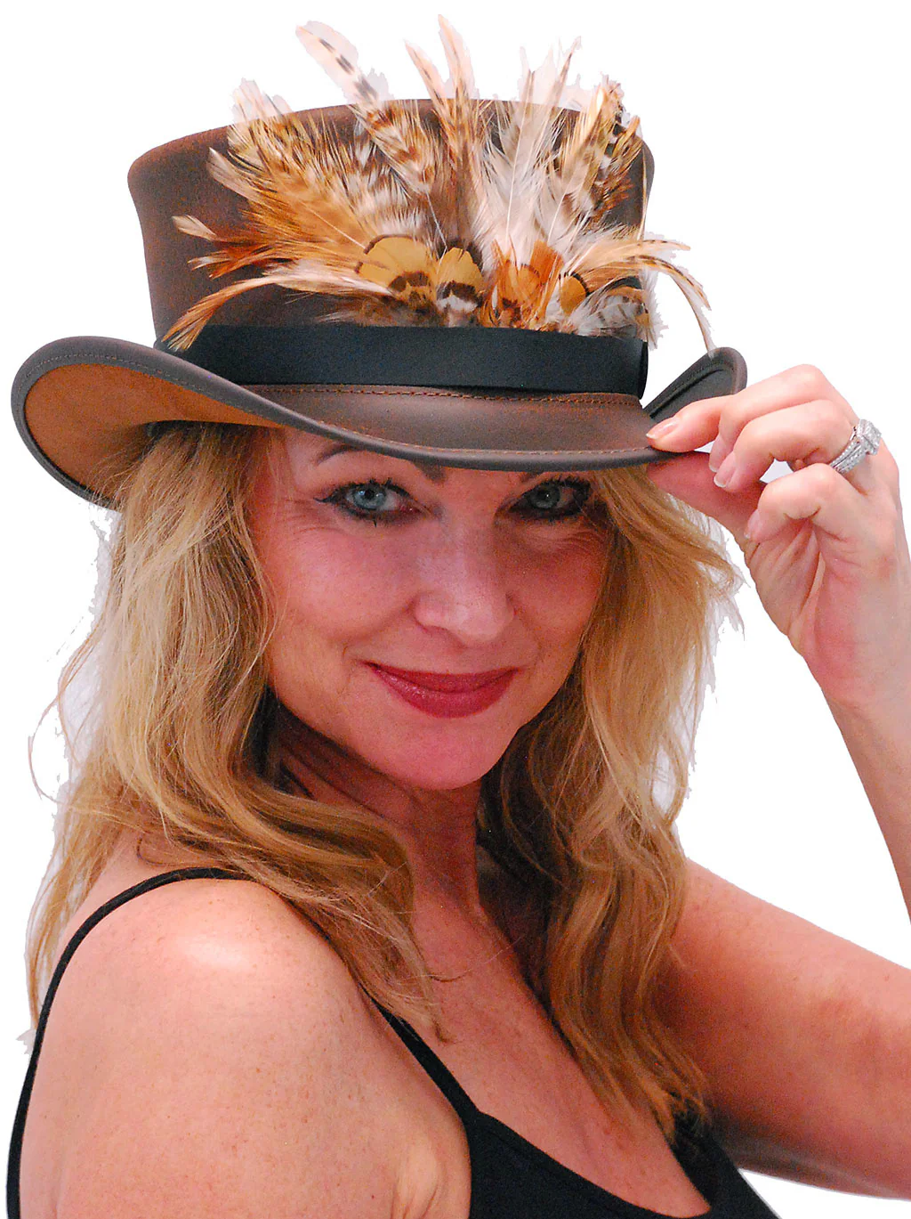 Large Front Feathers on Black Leather Hatband #HB-XFEATHER () - Image 5