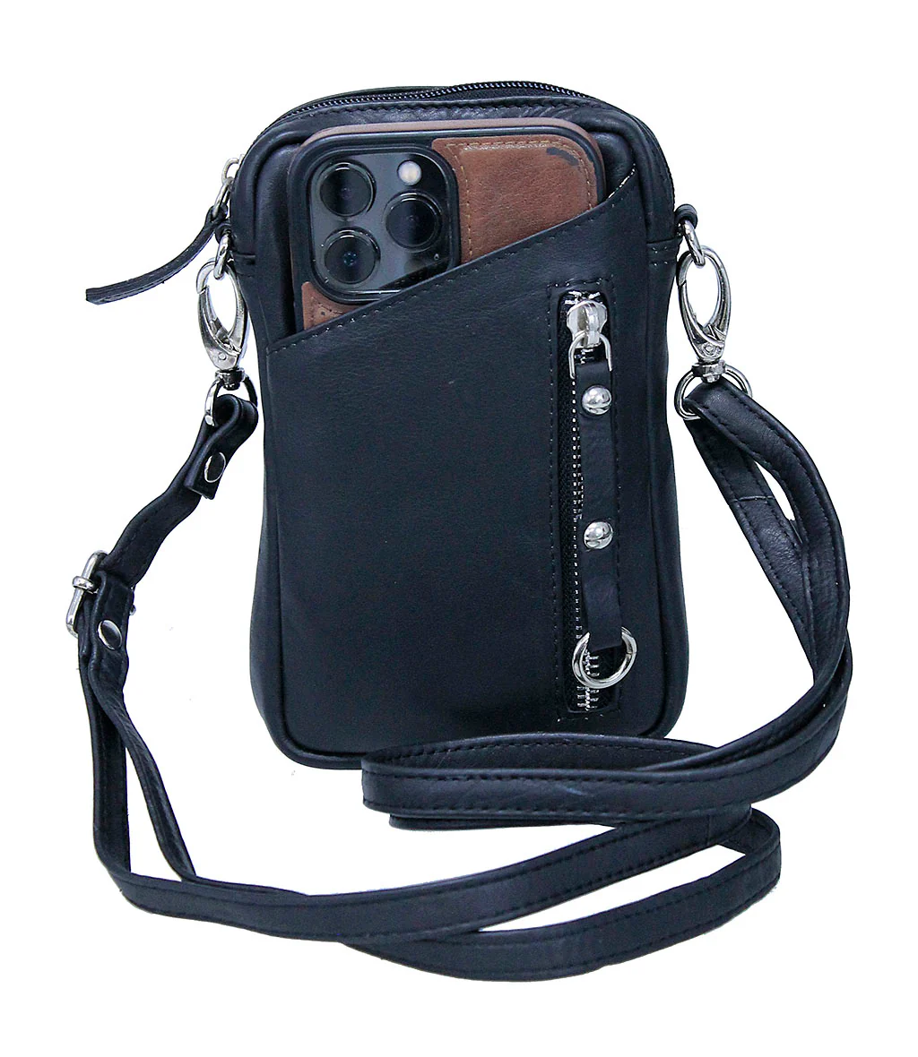 Black Leather 4 x 7 Cross Body Cell Phone Pouch #ACP27K