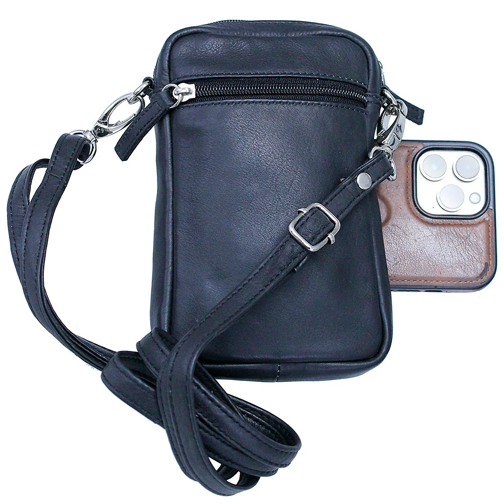 Black Leather 4 x 7 Cross Body Cell Phone Pouch #ACP27K - Image 3