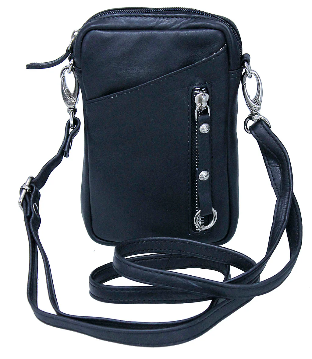 Black Leather 4 x 7 Cross Body Cell Phone Pouch #ACP27K - Image 4