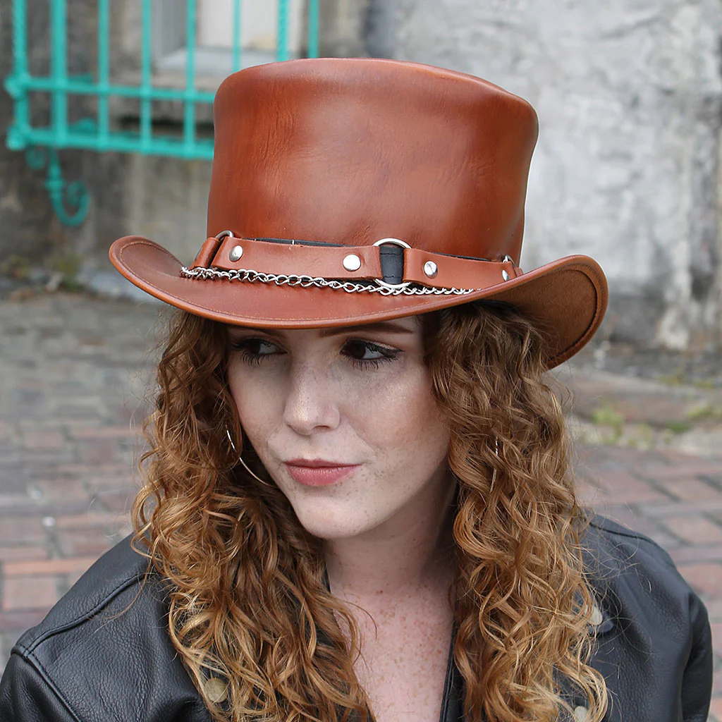 Light Brown Leather Tophat w/Chains & Rings #H2209RCN ()