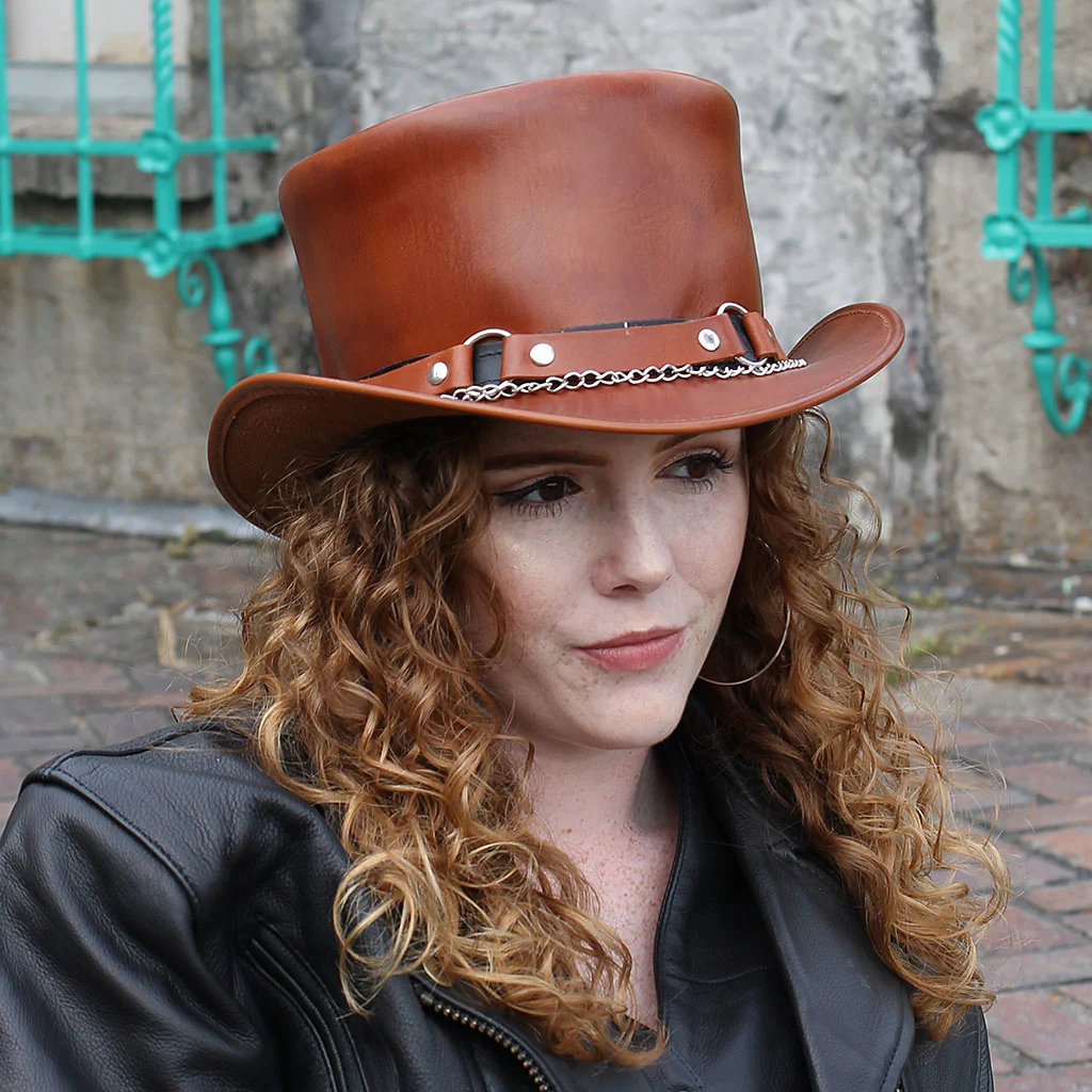 Light Brown Leather Tophat w/Chains & Rings #H2209RCN () - Image 2