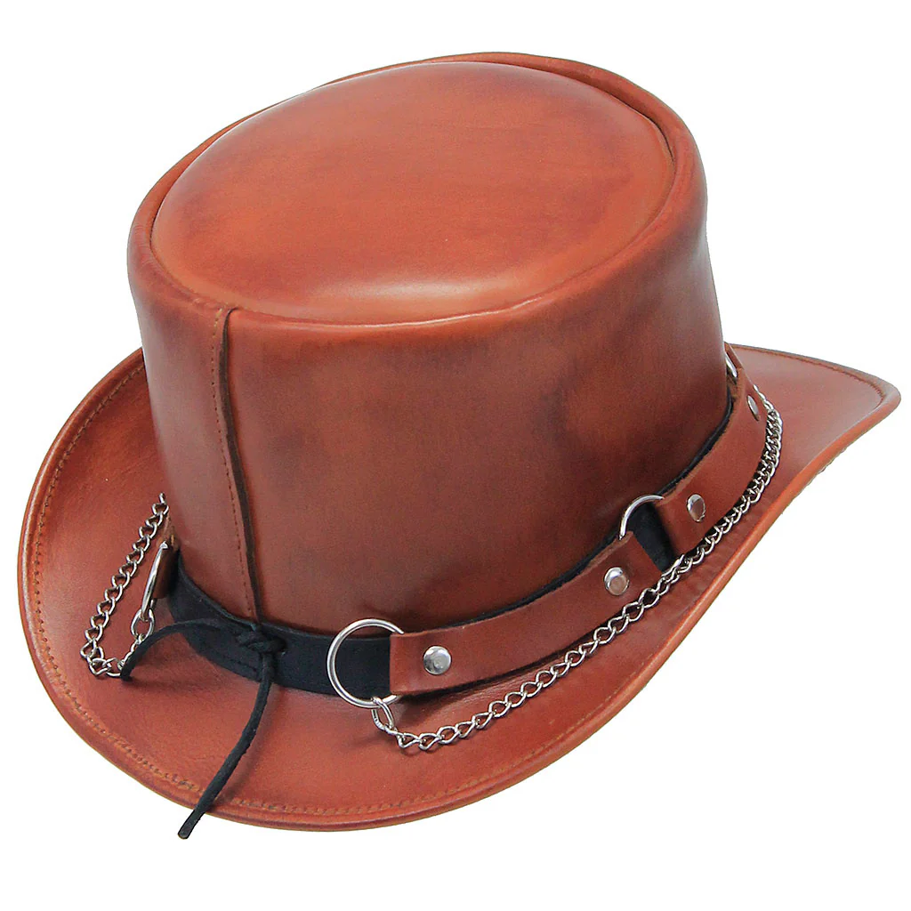 Light Brown Leather Tophat w/Chains & Rings #H2209RCN () - Image 4