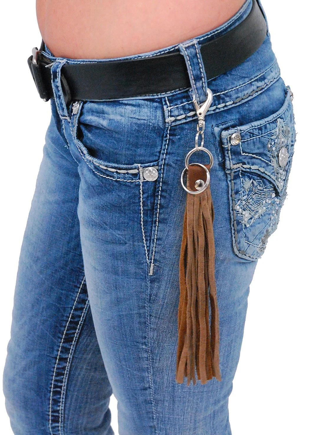 Long Brown Genuine Leather Fringe Key Chain with Claw Clip #KC1801FN