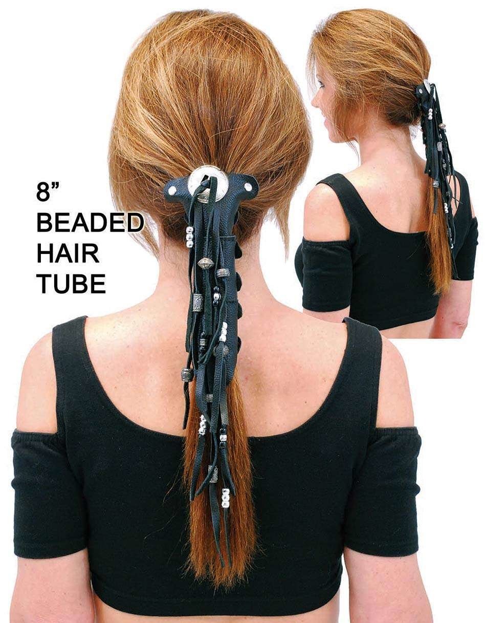 8" Long Silver Beaded Leather Hair Tube #AHW654FBS